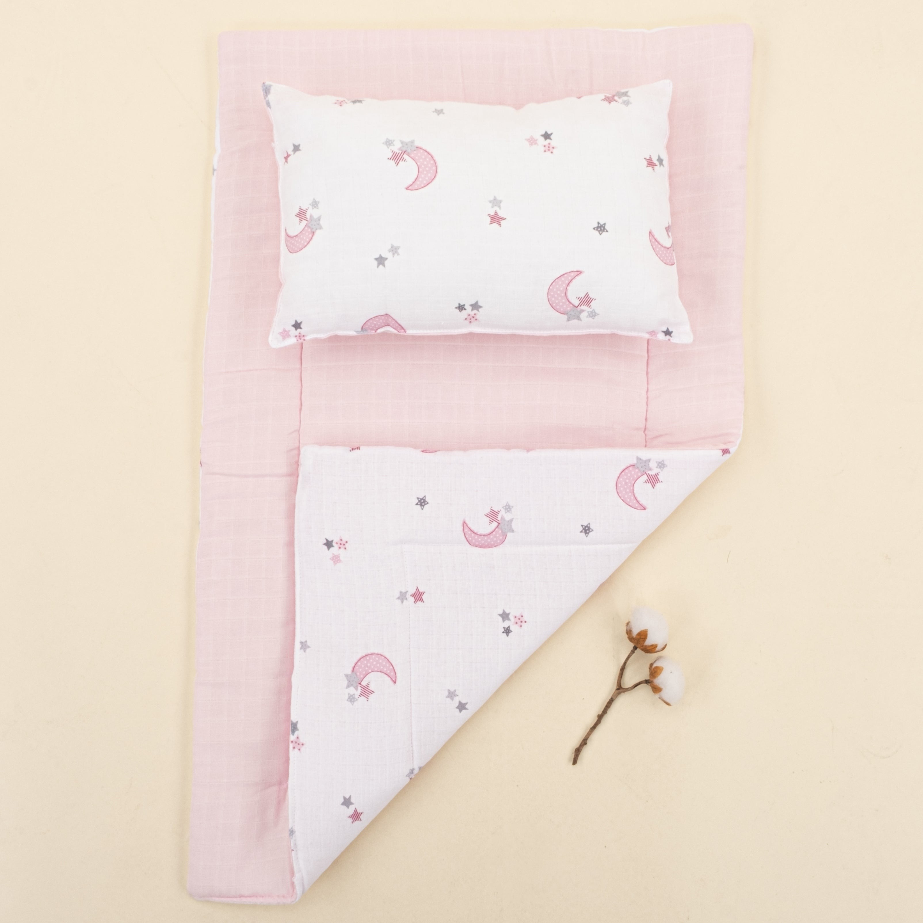 Alt Açma Matı ve Yastık  - Çift Taraflı - Bebe Pembe Muslin - Pembe Ay