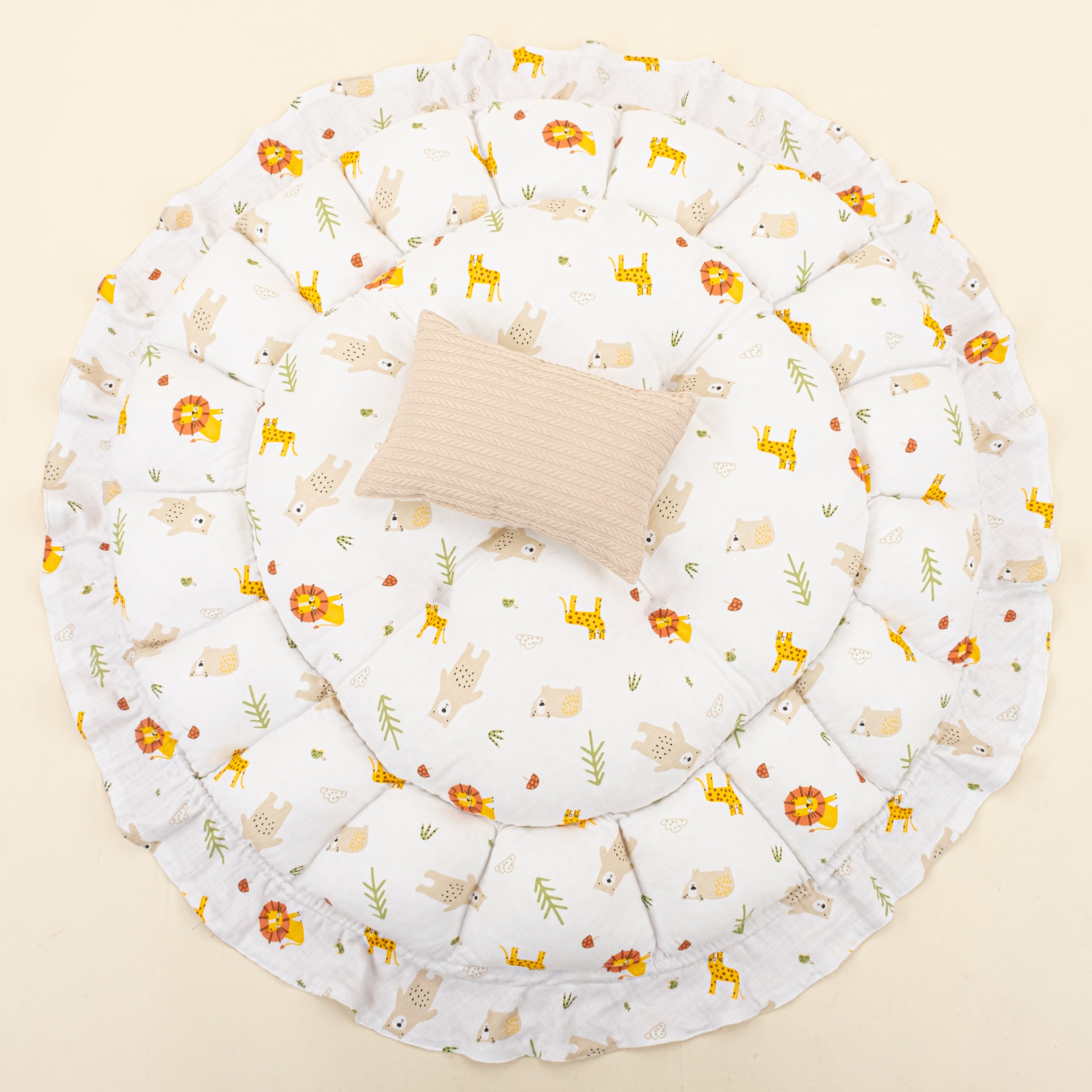 Yuvarlak Babynest ve Yastık - Çift Taraflı - Sütlü Kahve Örgü - Aslan