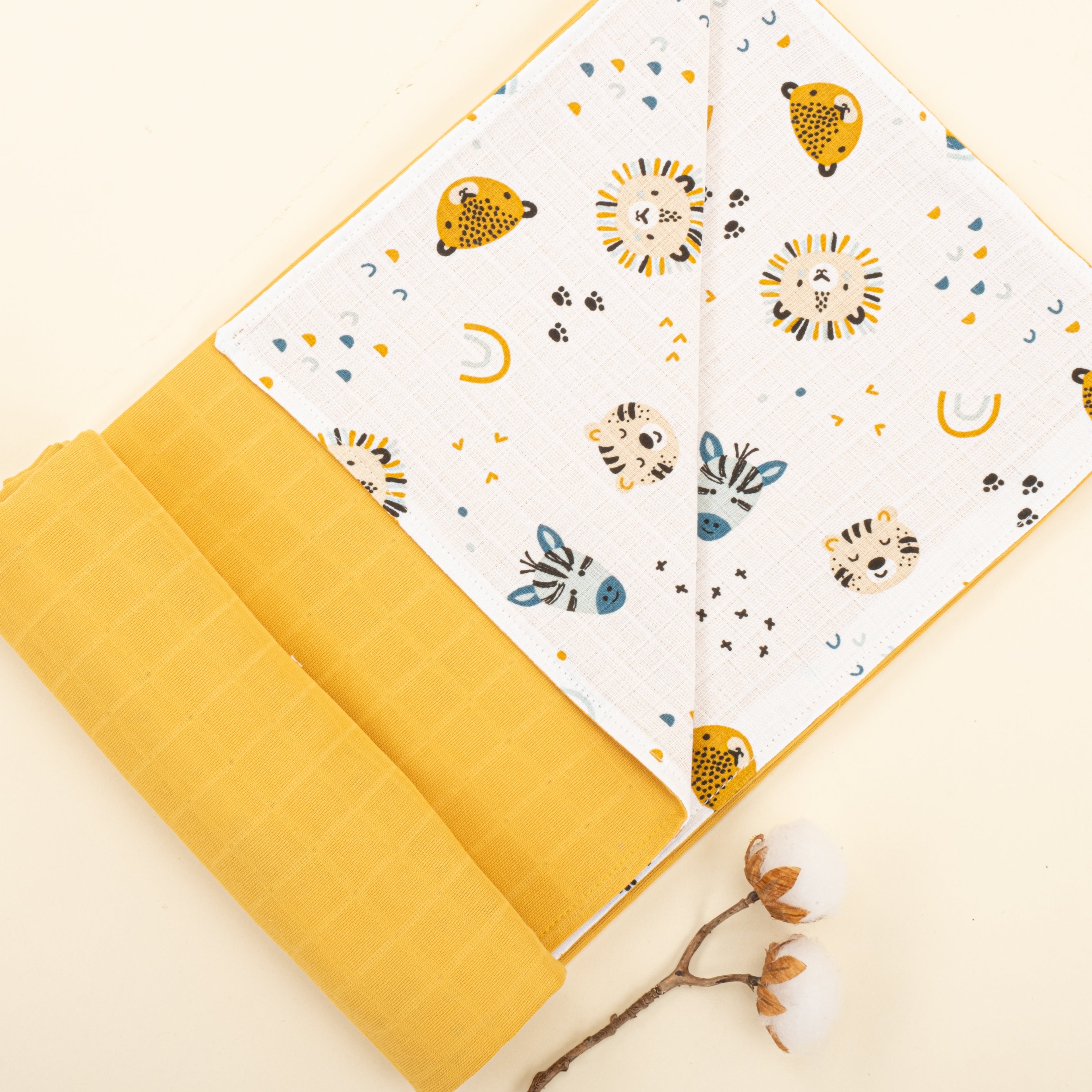Çift Taraflı Muslin Örtü - Hardal Muslin - Zoo