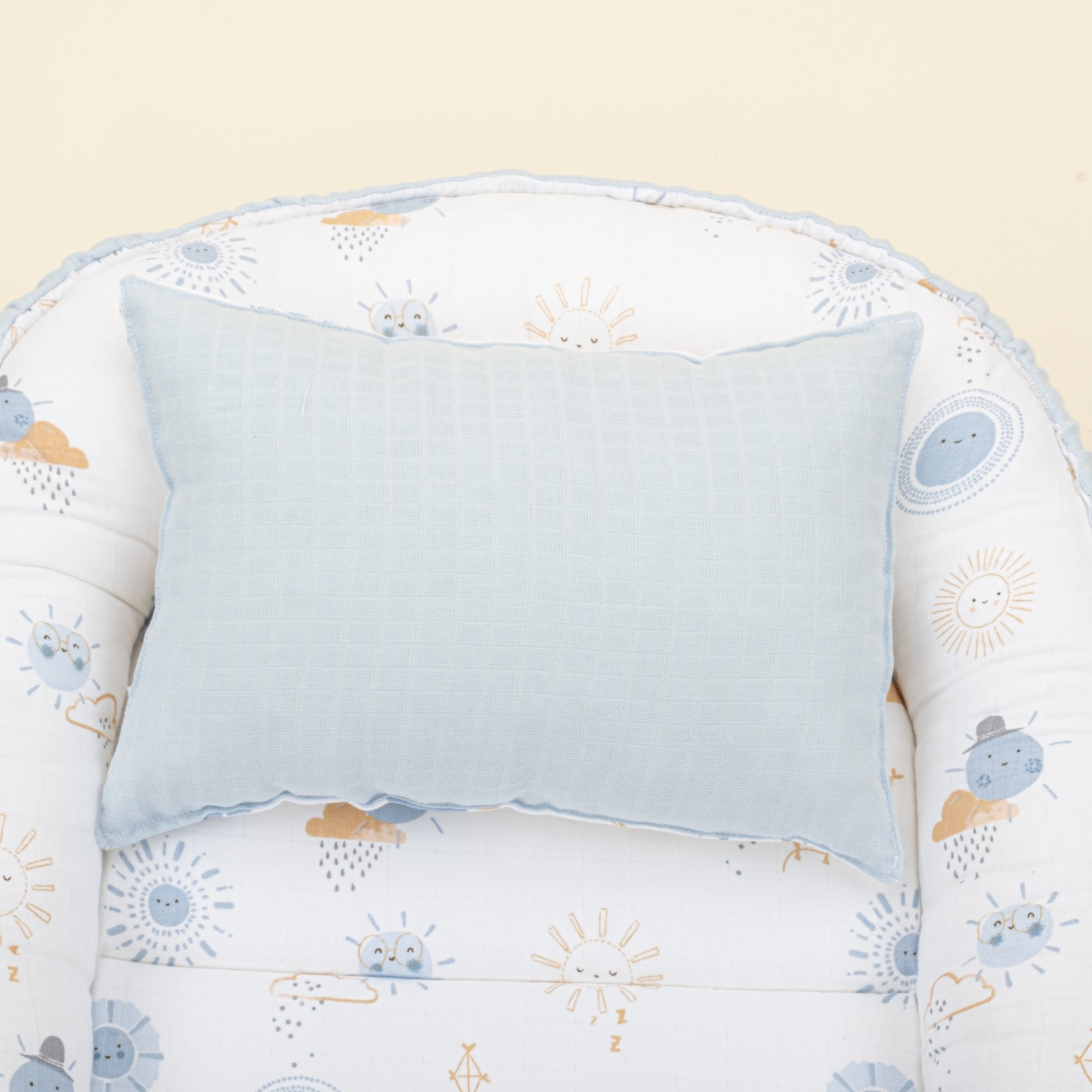 Babynest ve Yastık - Çift Taraflı - Bebe Mavi Muslin - Mavi Güneş