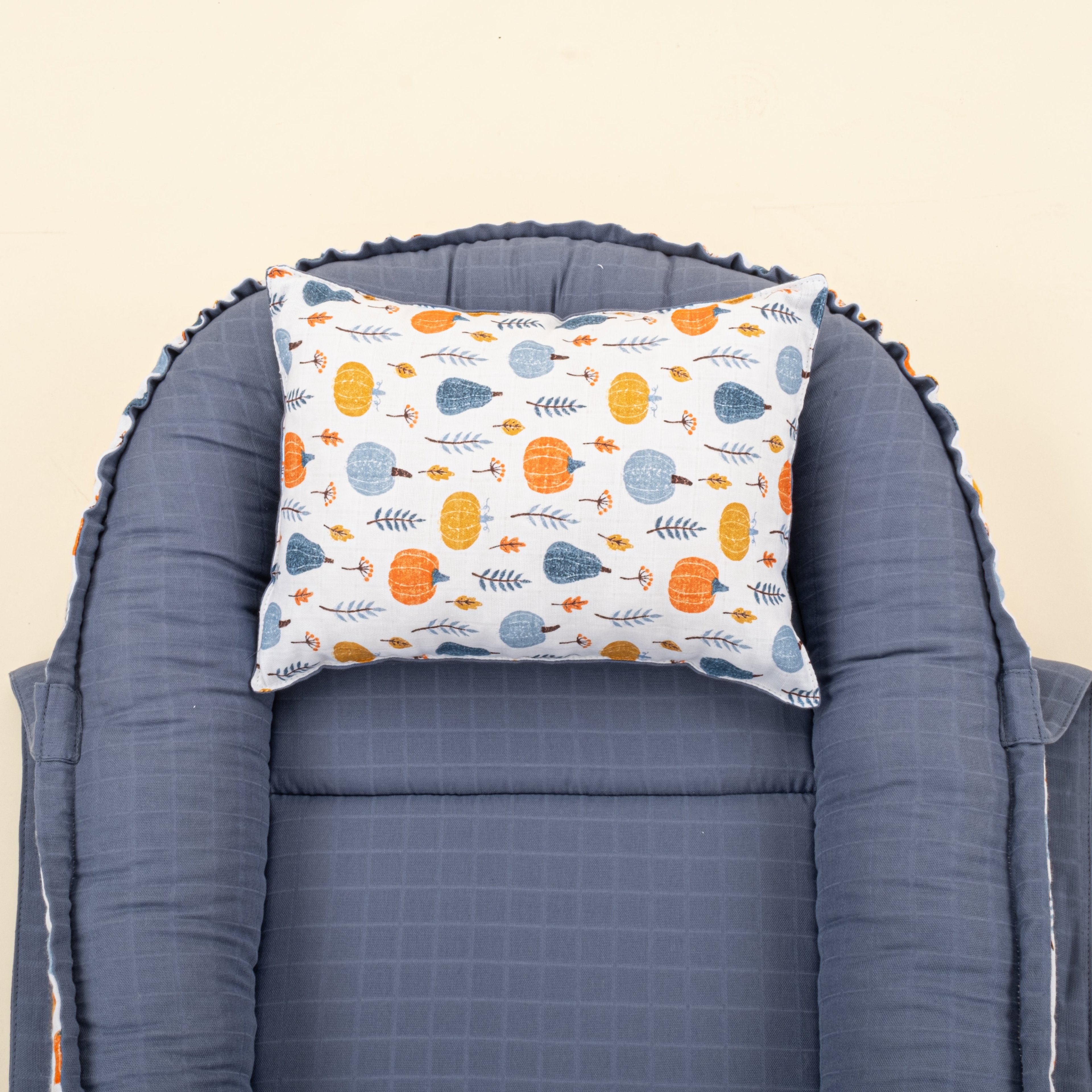 Babynest ve Yastık - Çift Taraflı - İndigo Muslin - Mavi Balkabağı