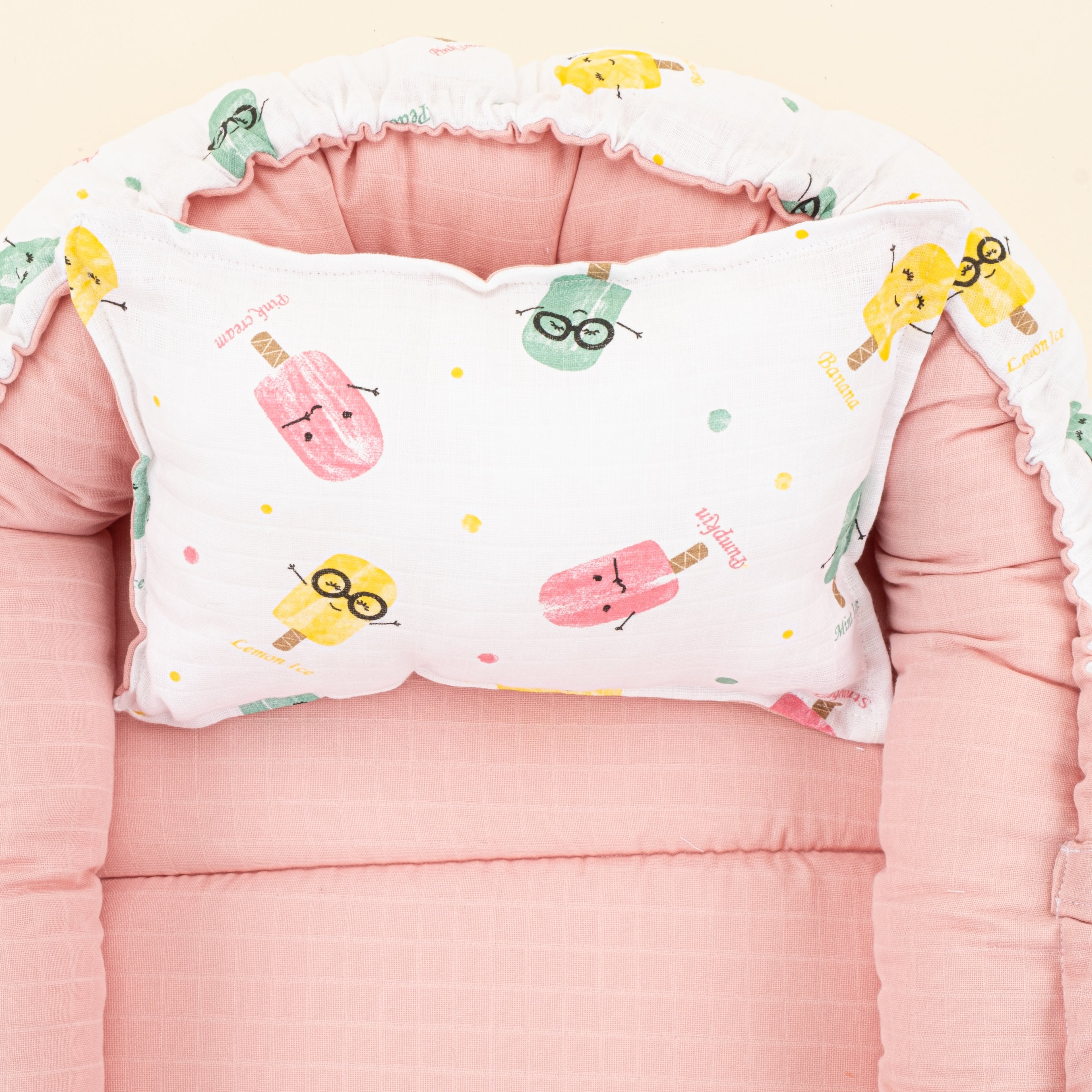 Babynest ve Yastık - Çift Taraflı - Pudra Muslin - Dondurma