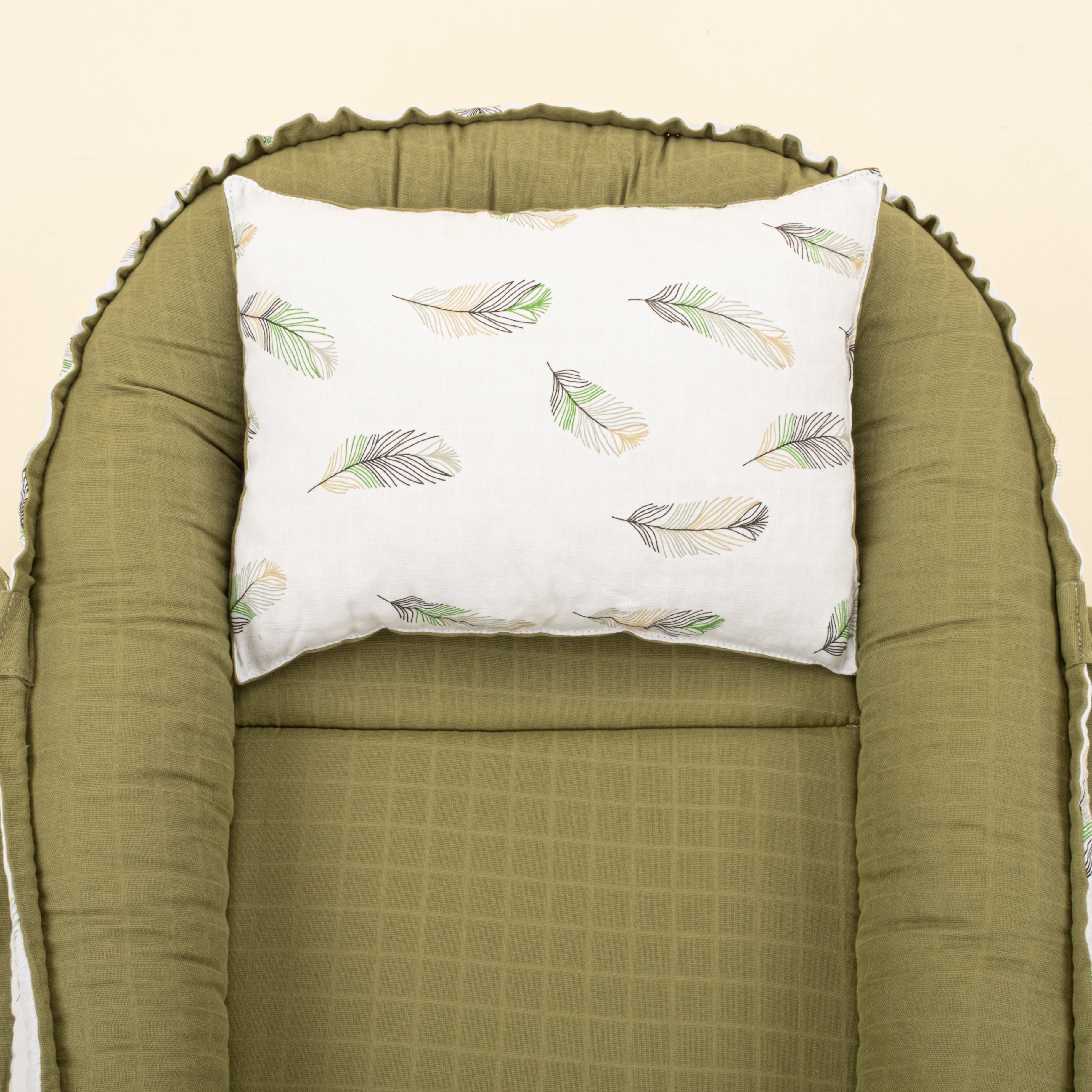 Babynest ve Yastık - Çift Taraflı - Koyu Fıstık Yeşili Muslin - Yeşil Tüy