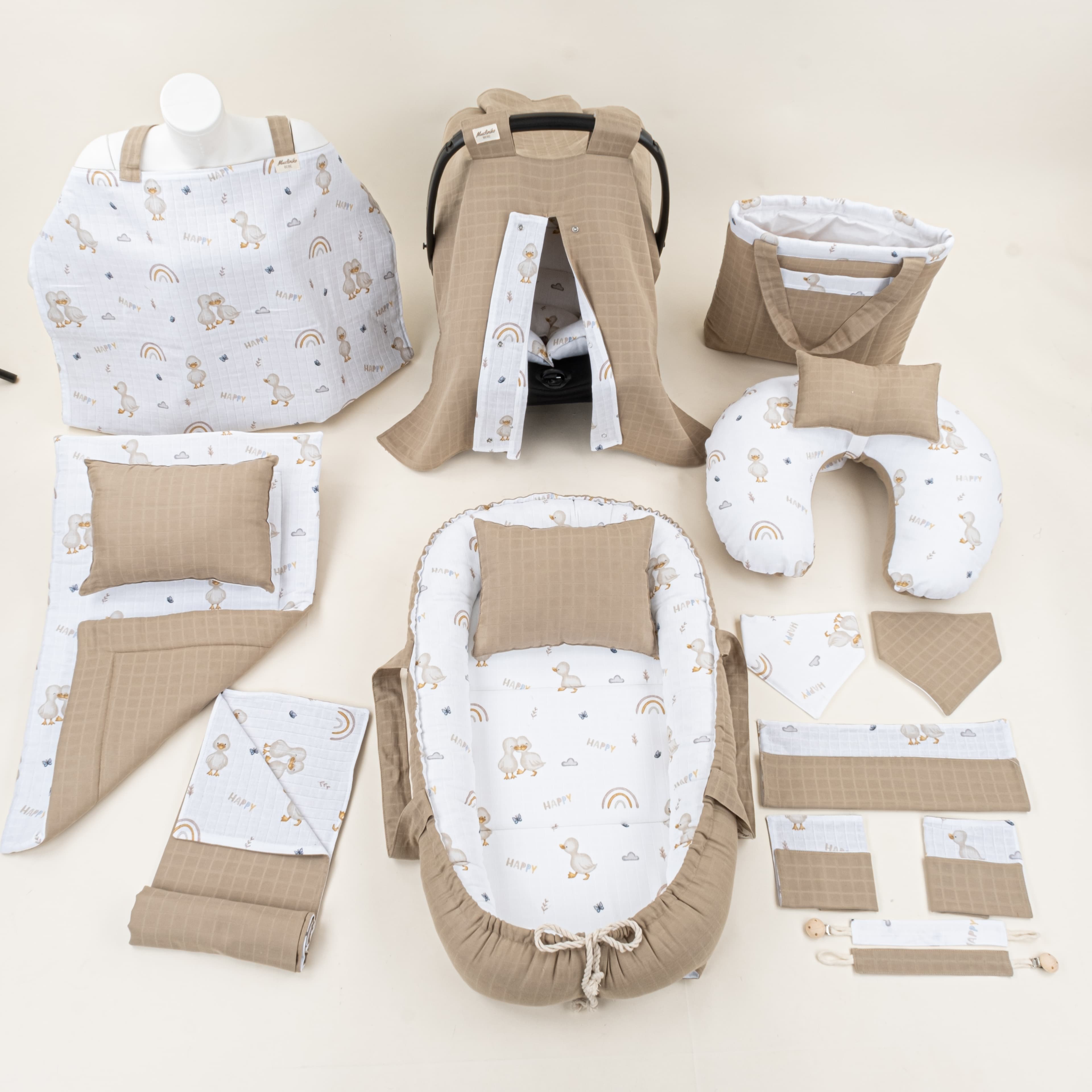 18 Parça Full Set - Çift Taraflı - Toprak Muslin - Kahverengi Ördek