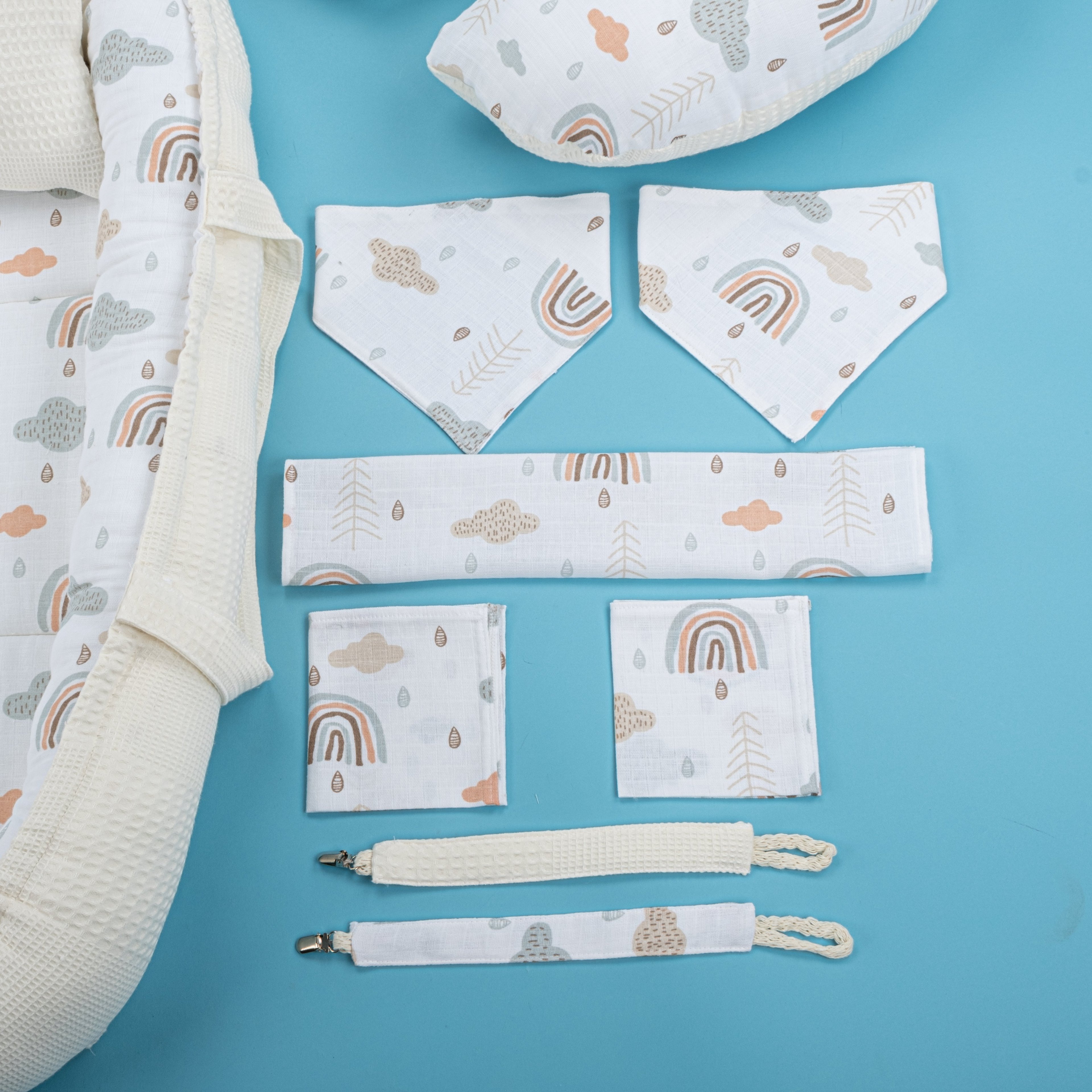 18 Parça Full Set - Çift Taraflı - Krem Waffle - Yeşil Gökkuşağı