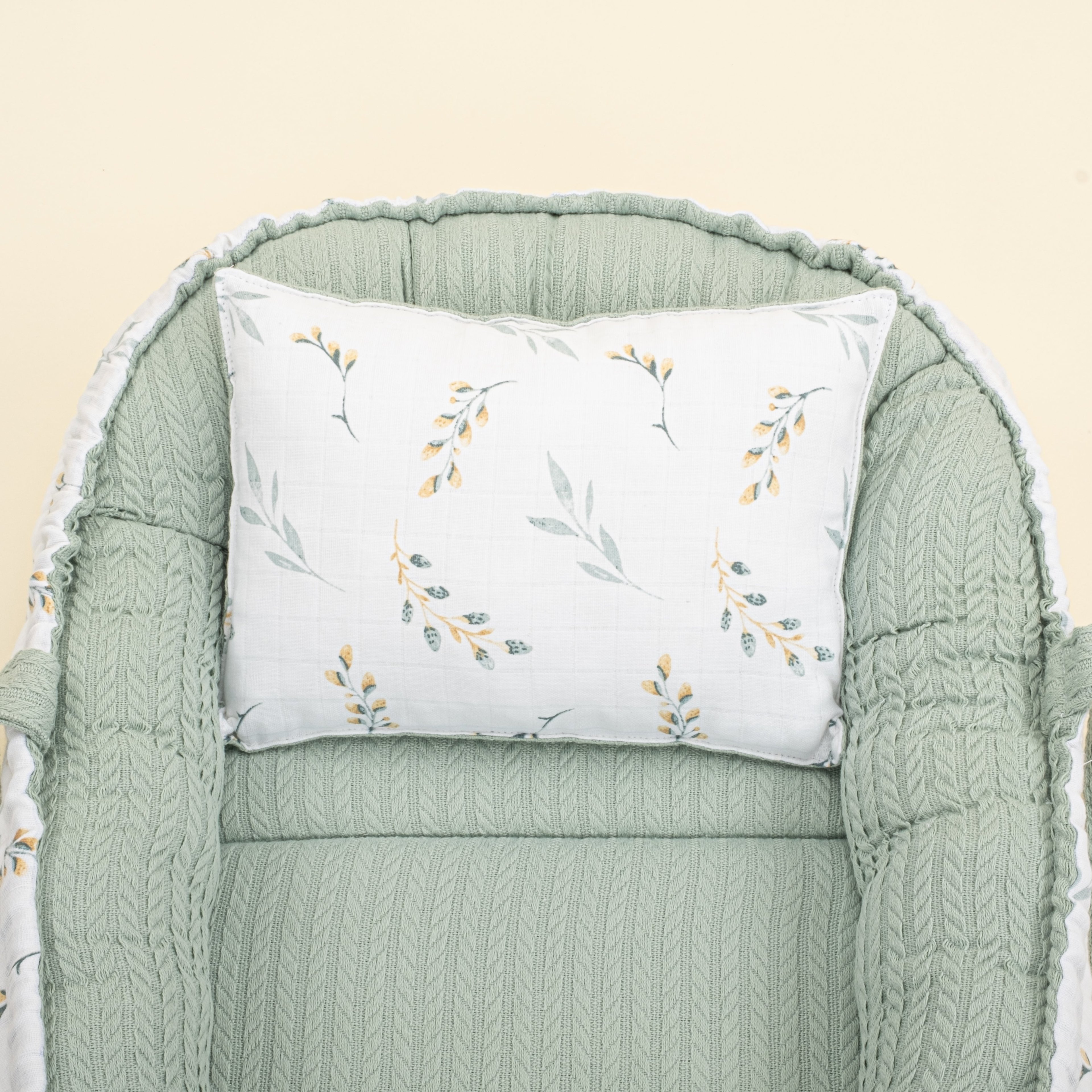 Babynest ve Yastık - Çift Taraflı - Mint Örgü - Yapraklar