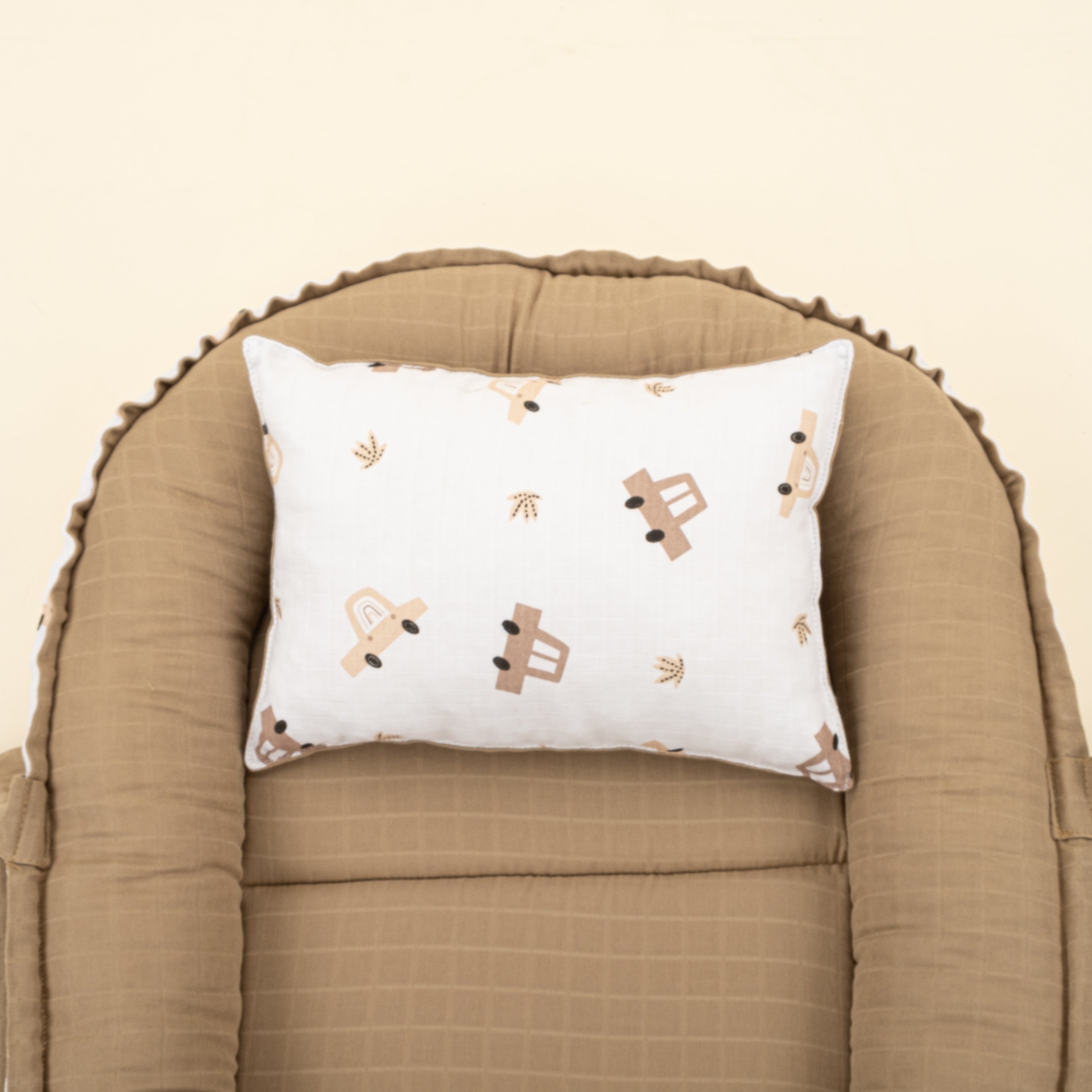 Babynest ve Yastık - Çift Taraflı - Toprak Muslin - Kahverengi Arabalar