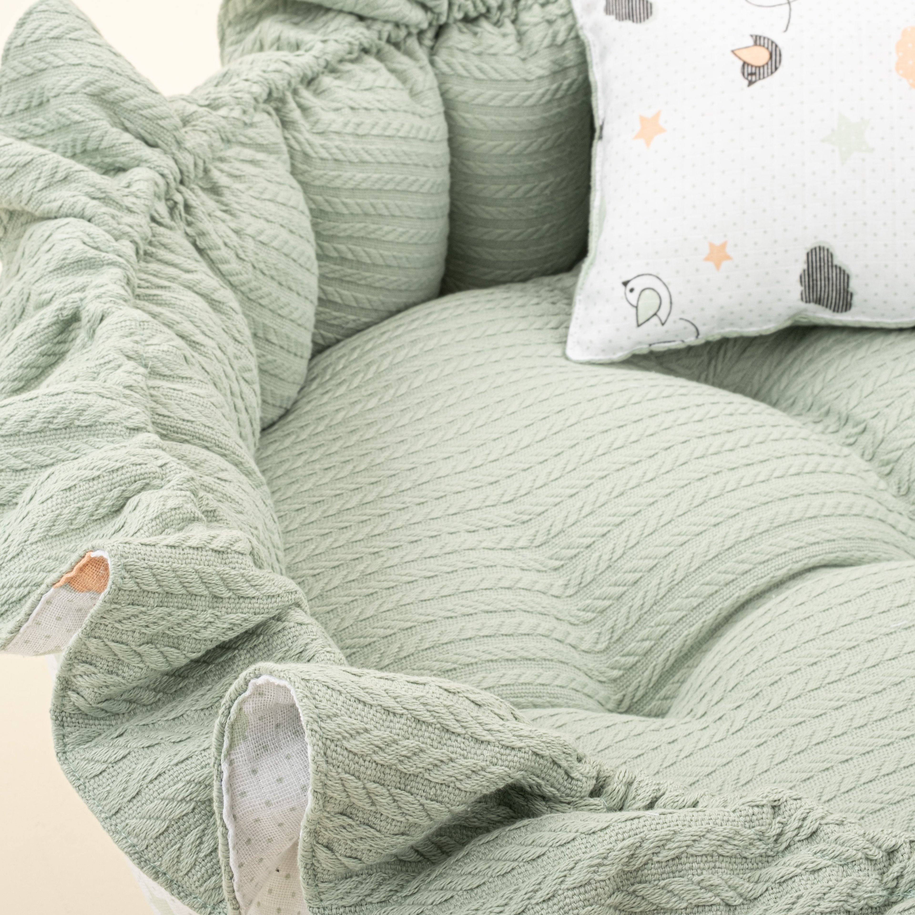Yuvarlak Babynest ve Yastık - Çift Taraflı - Mint Örgü - Kuş