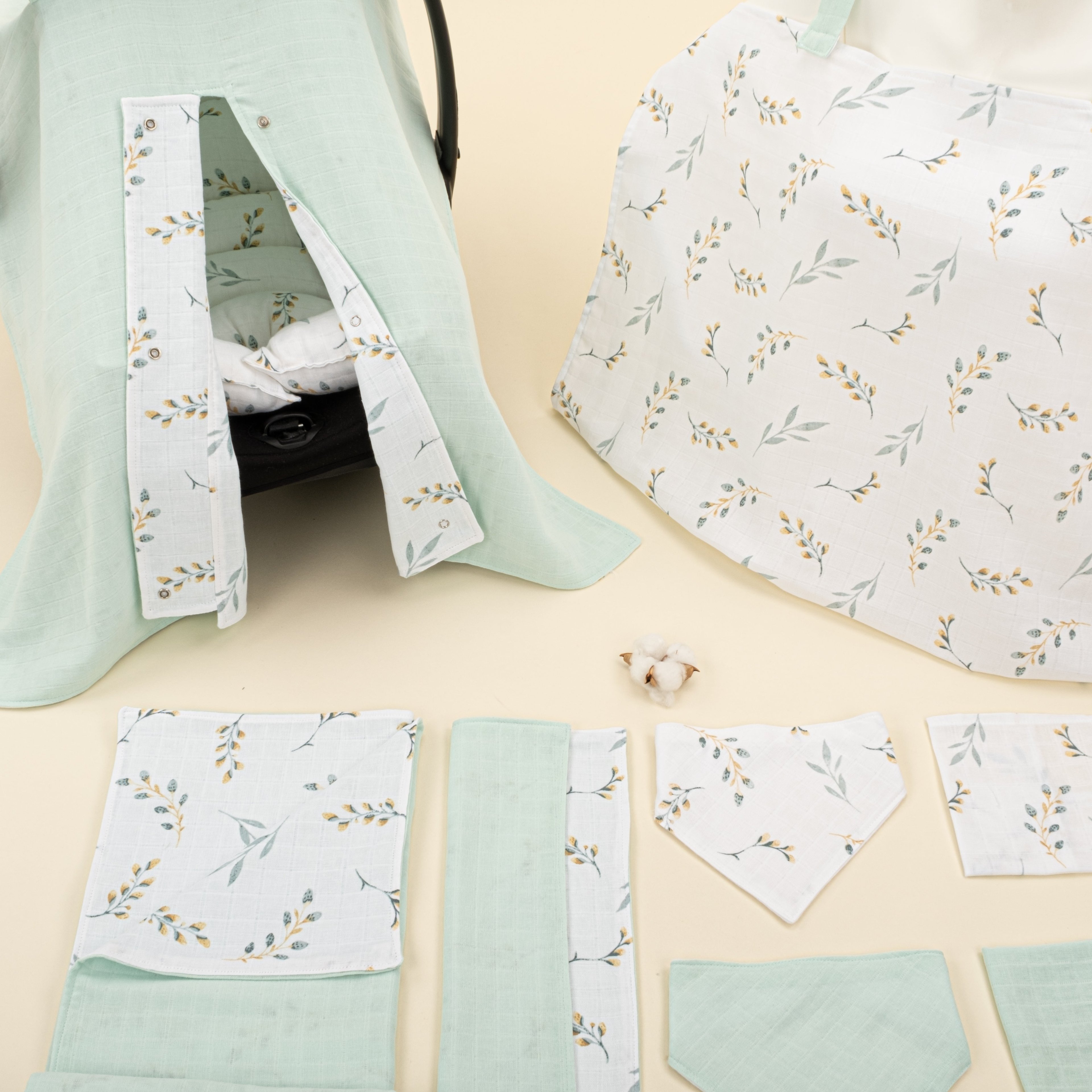 9 Parça Avantajlı Set - Çift Taraflı - Mint Muslin - Yapraklar