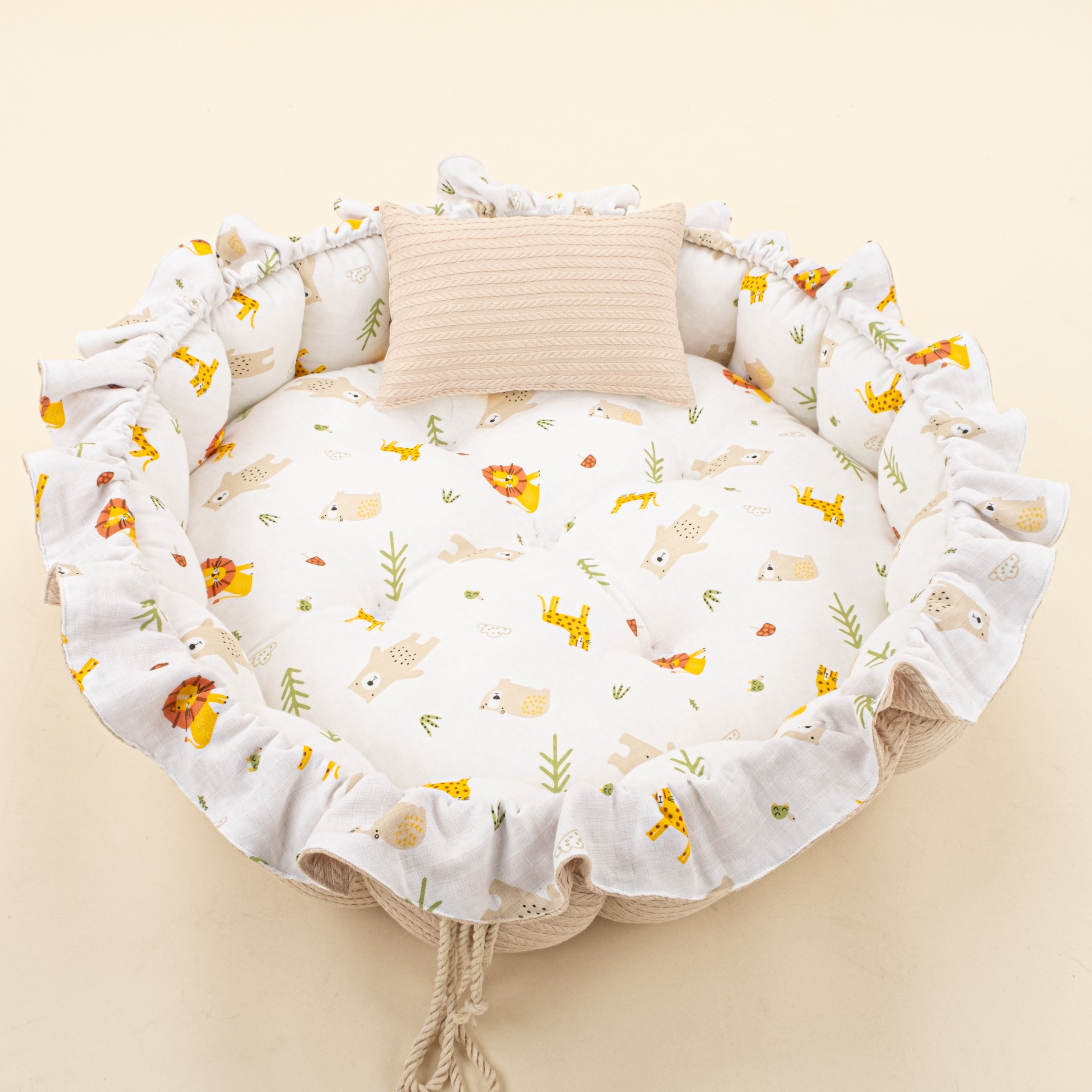 Yuvarlak Babynest ve Yastık - Çift Taraflı - Sütlü Kahve Örgü - Aslan