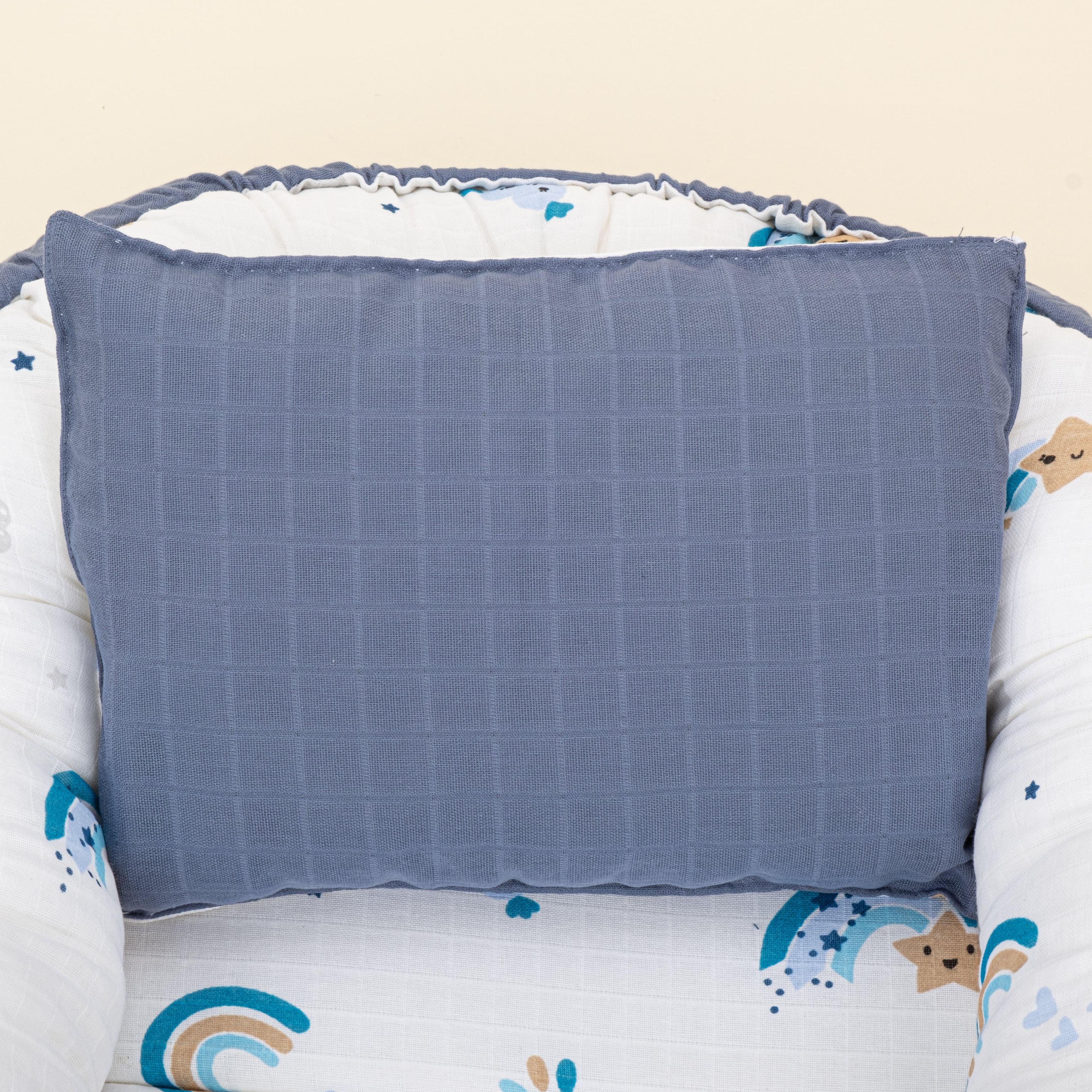 Babynest ve Yastık - Çift Taraflı - İndigo Müslin - Mavi Gökkuşağı