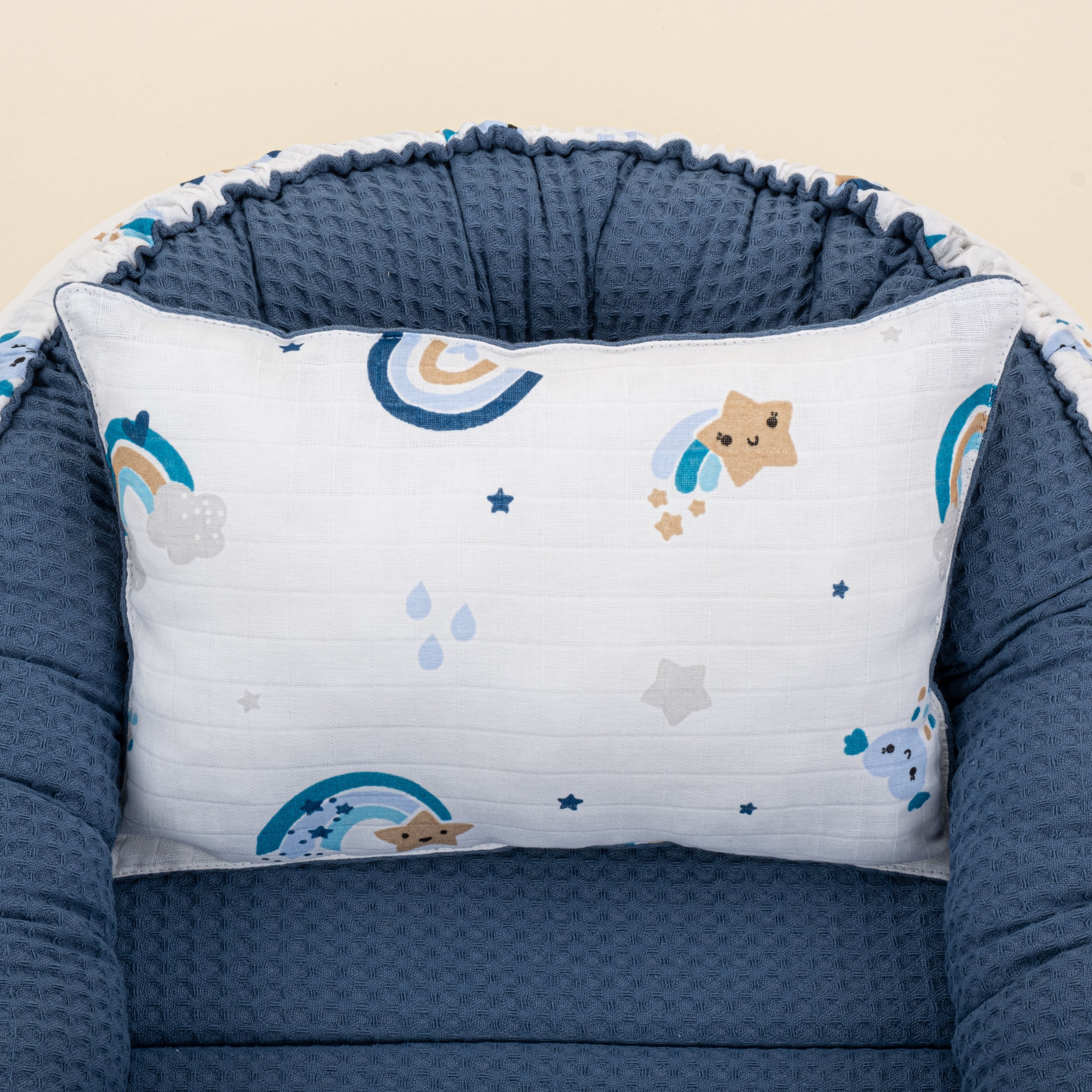 Babynest ve Yastık - Çift Taraflı - İndigo Petek - Mavi Gökkuşağı