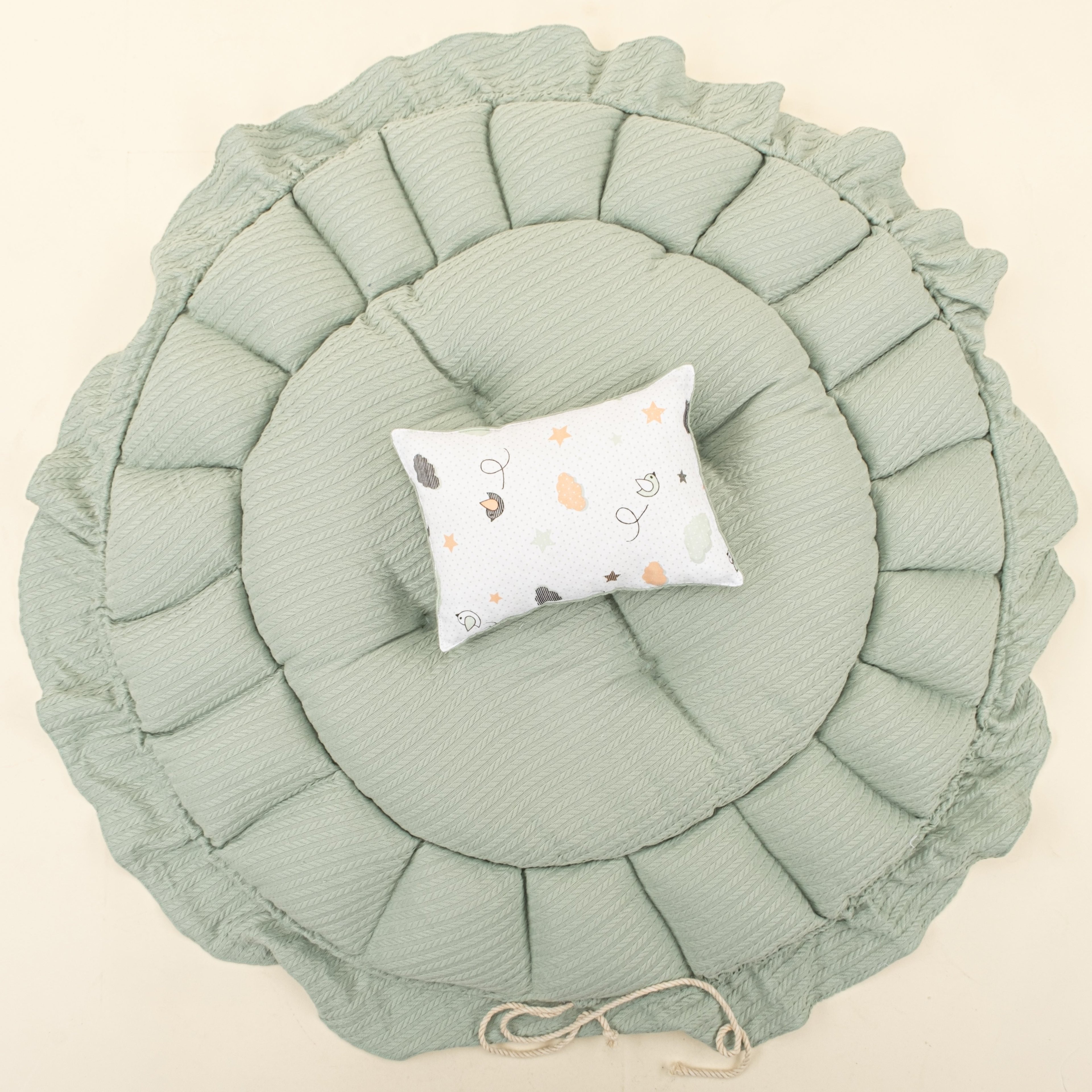 Yuvarlak Babynest ve Yastık - Çift Taraflı - Mint Örgü - Kuş