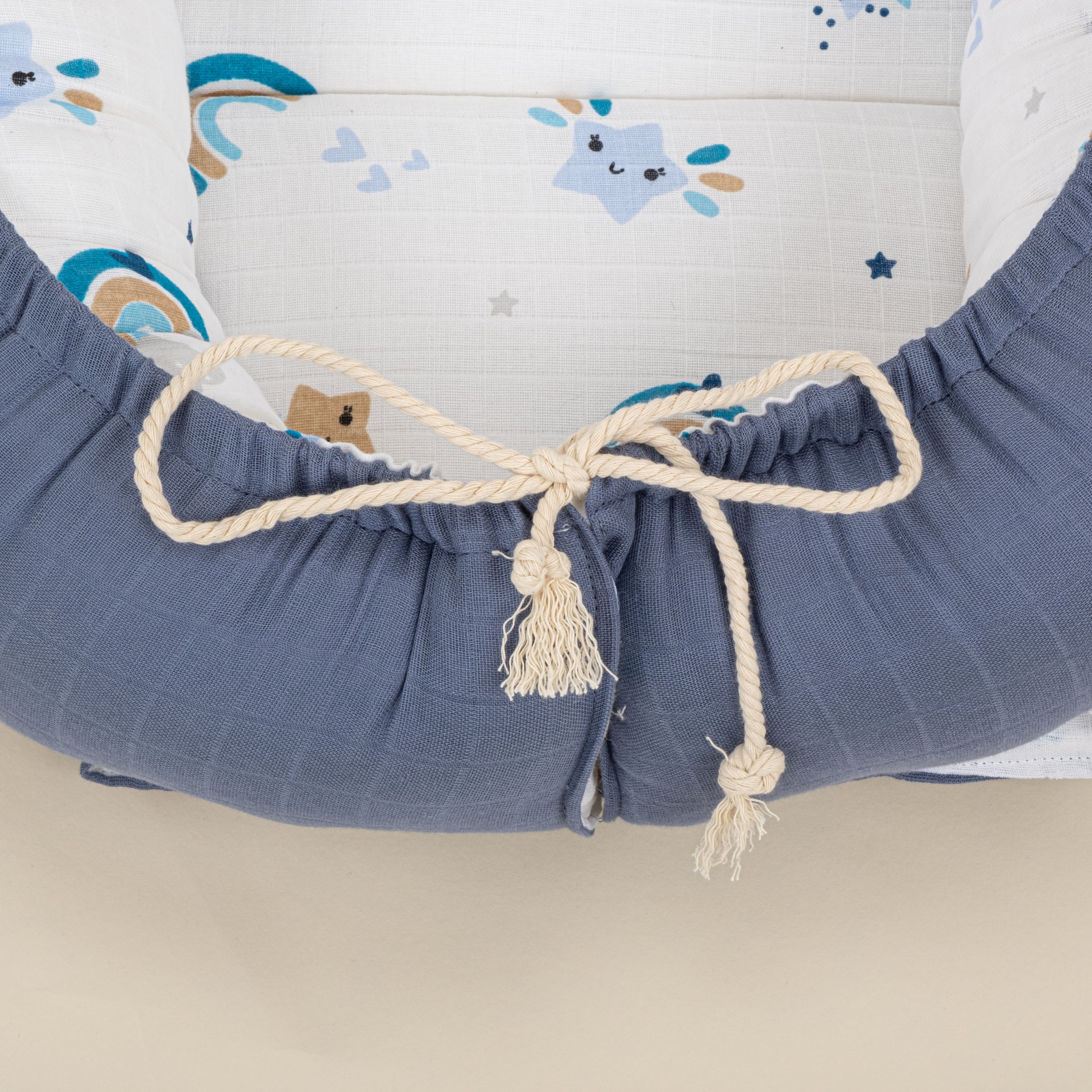 Babynest ve Yastık - Çift Taraflı - İndigo Müslin - Mavi Gökkuşağı