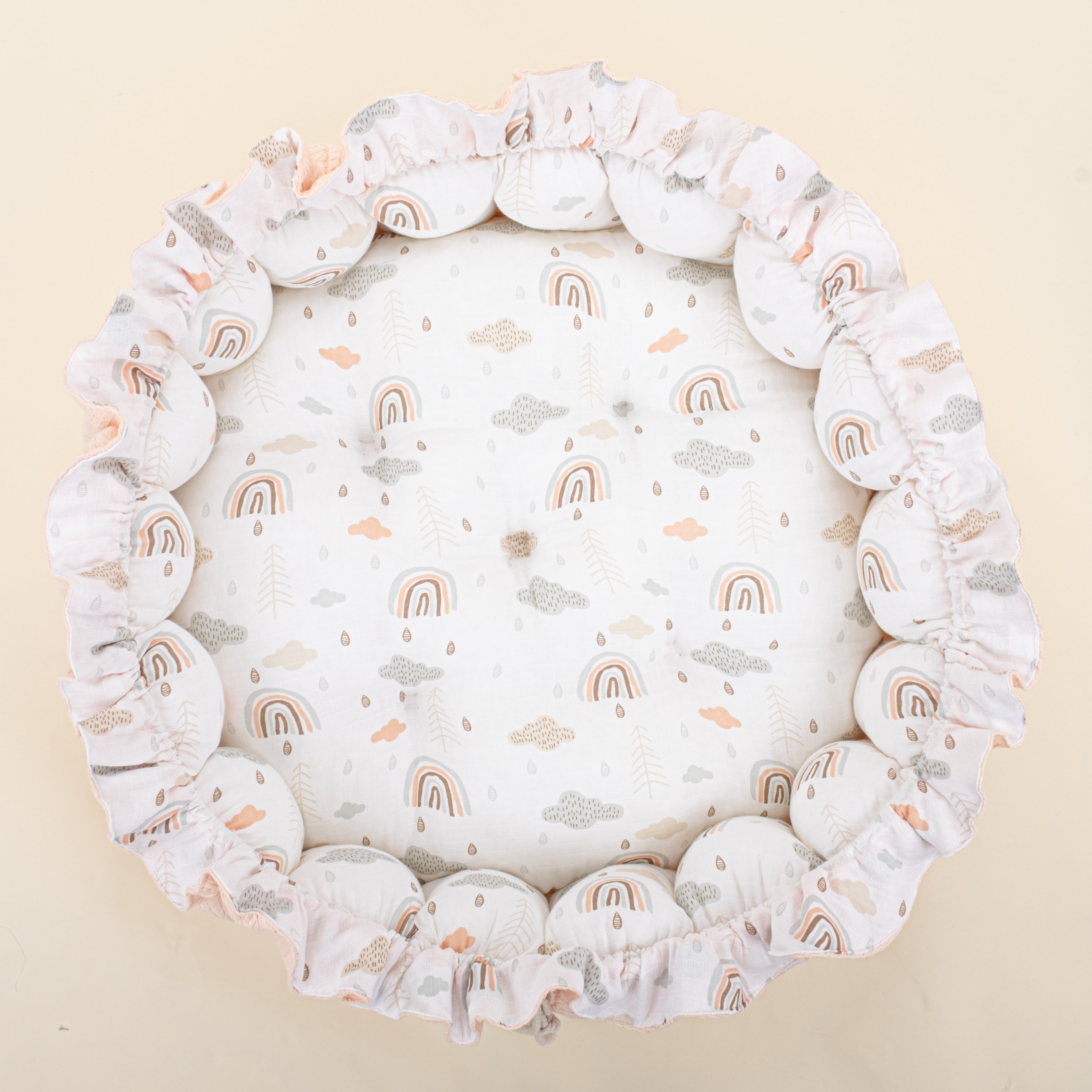 Yuvarlak Babynest - Çift Taraflı - Somon Örgü - Yeşil Gökkuşağı