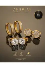 Kadın Gold Çelik 3'lü Çift Küpe Seti Zirkon Taşlı Tektaş ve Halka Kombini