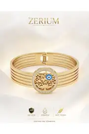 Hayat Ağacı Motifli Altın Renk Kaplama 316L Kadın Çelik Bileklik