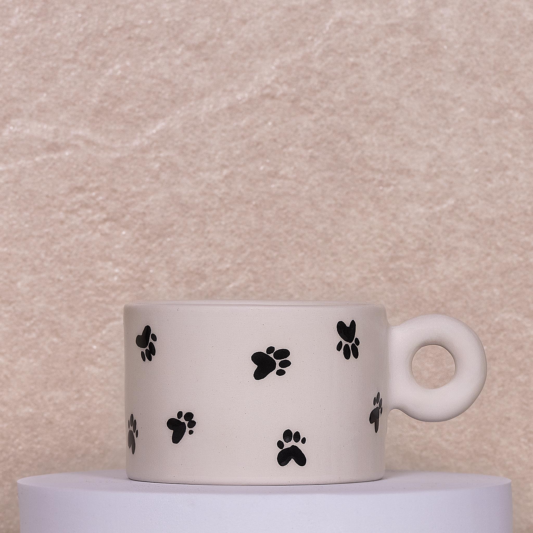 Pati Desenli Kedi Figürlü Kupa Mug - Seramik - El Yapımı