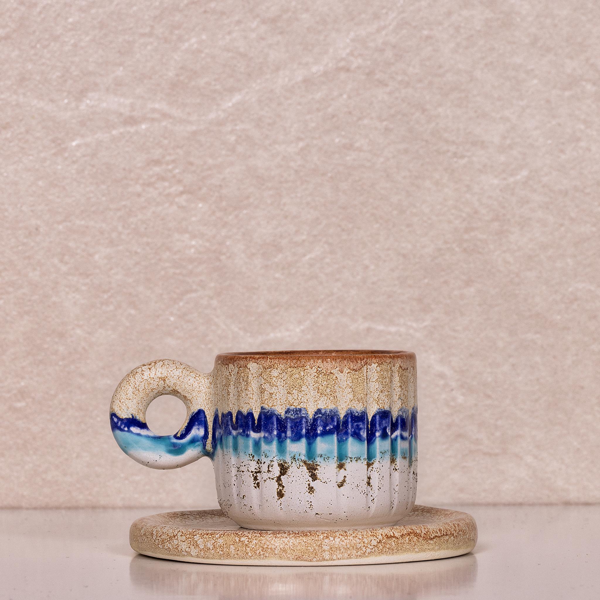Naturel Mavi Duble Fincan - Seramik - El Yapımı