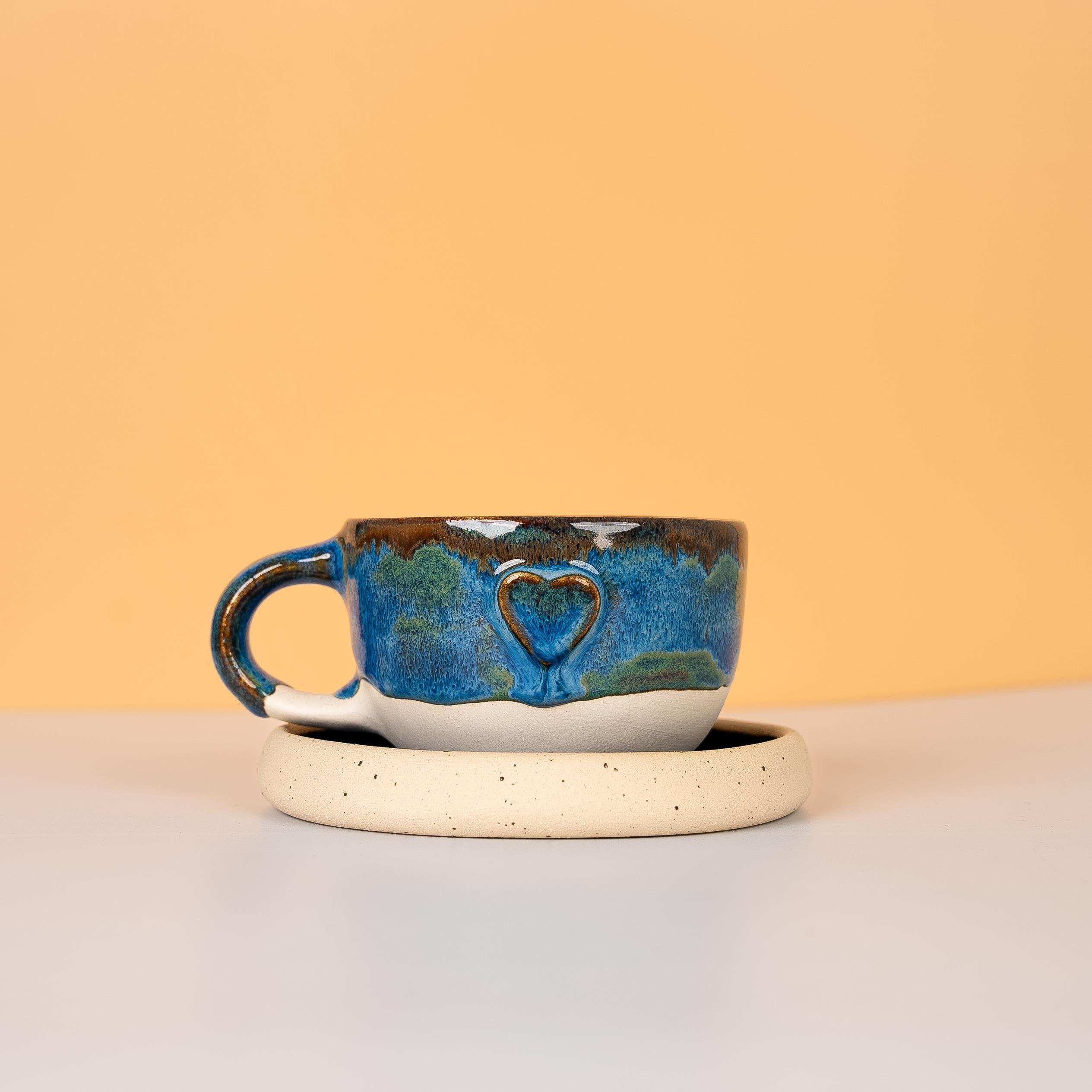 Stoneware Kalp Detaylı Tabaklı Kupa Mug - Seramik - El Yapımı
