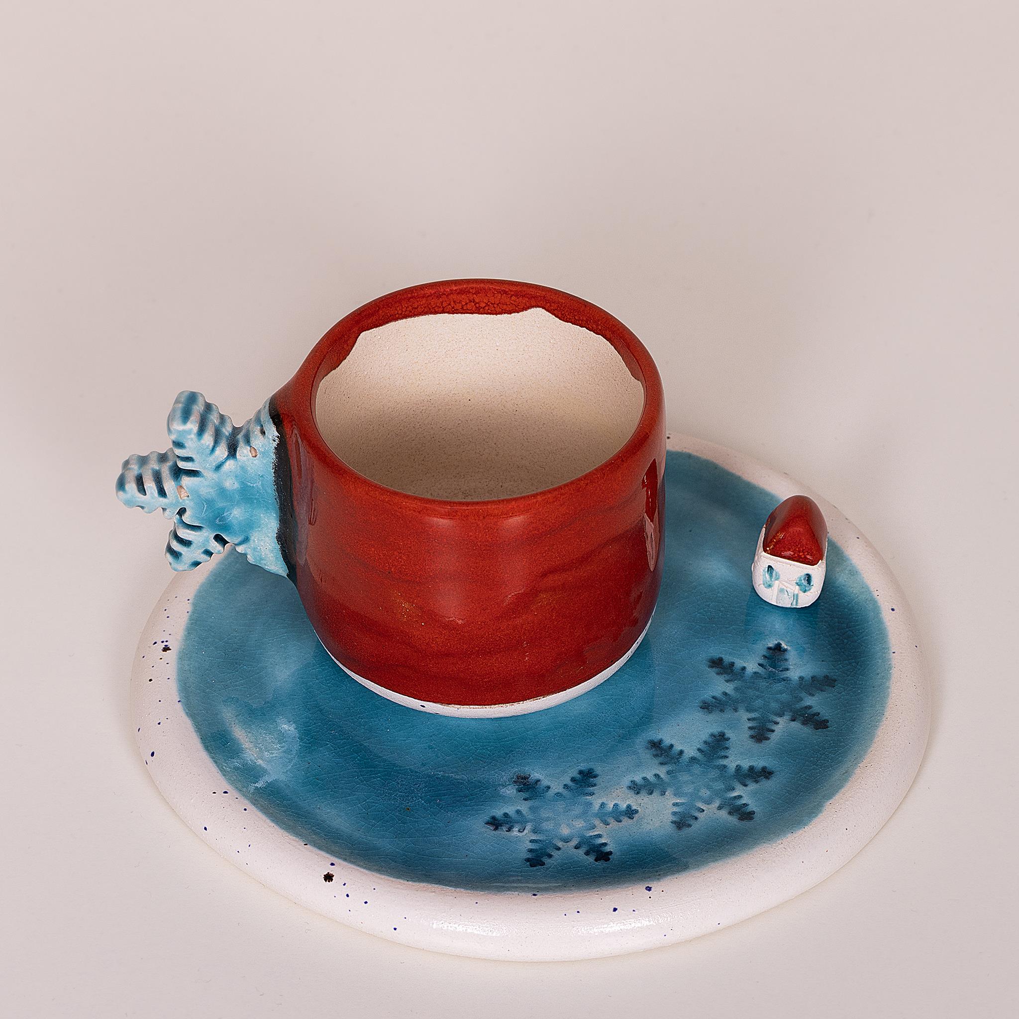 Kar Tanesi Kulplu Kırmızı Duble Fincan - Seramik - El Yapımı