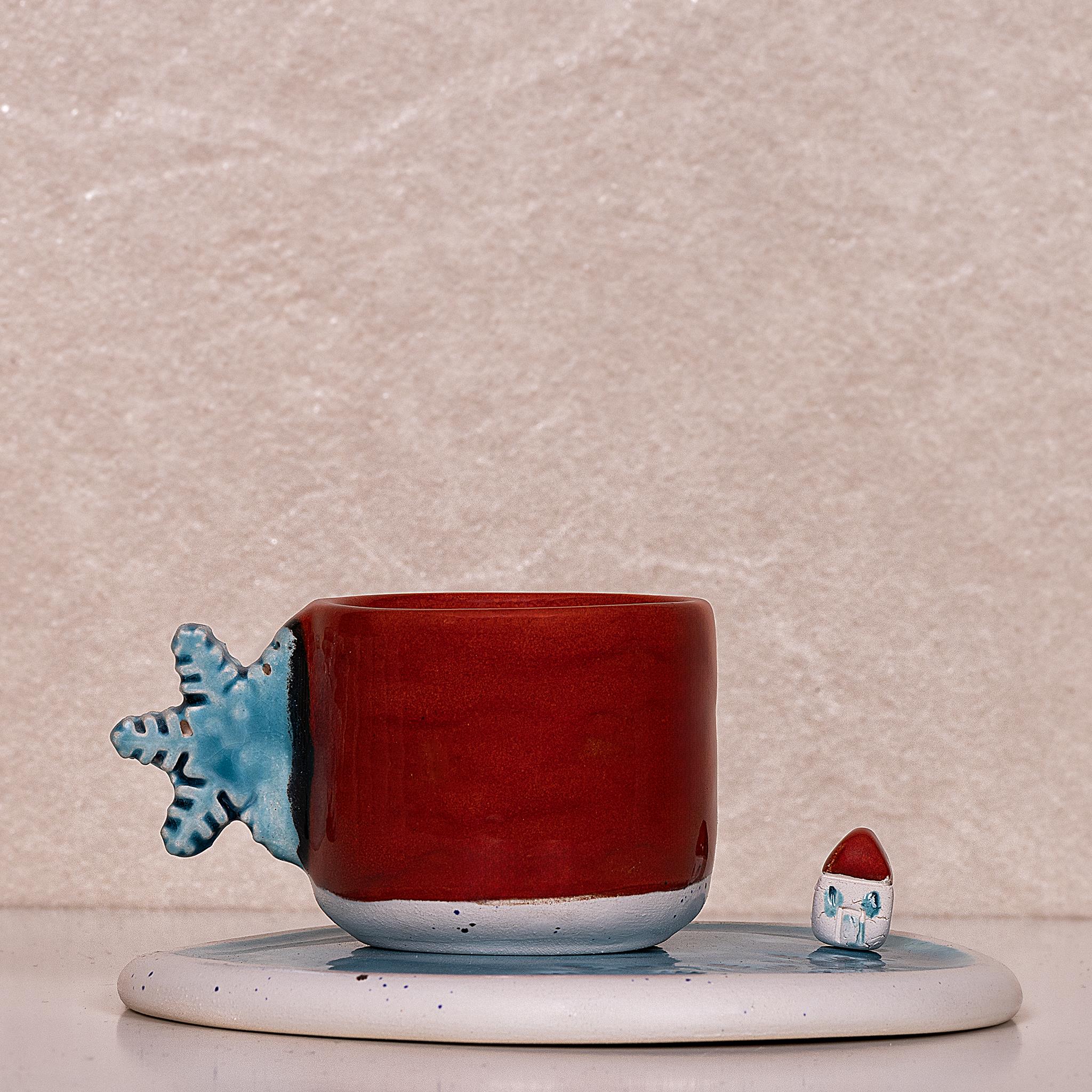 Kar Tanesi Kulplu Kırmızı Duble Fincan - Seramik - El Yapımı