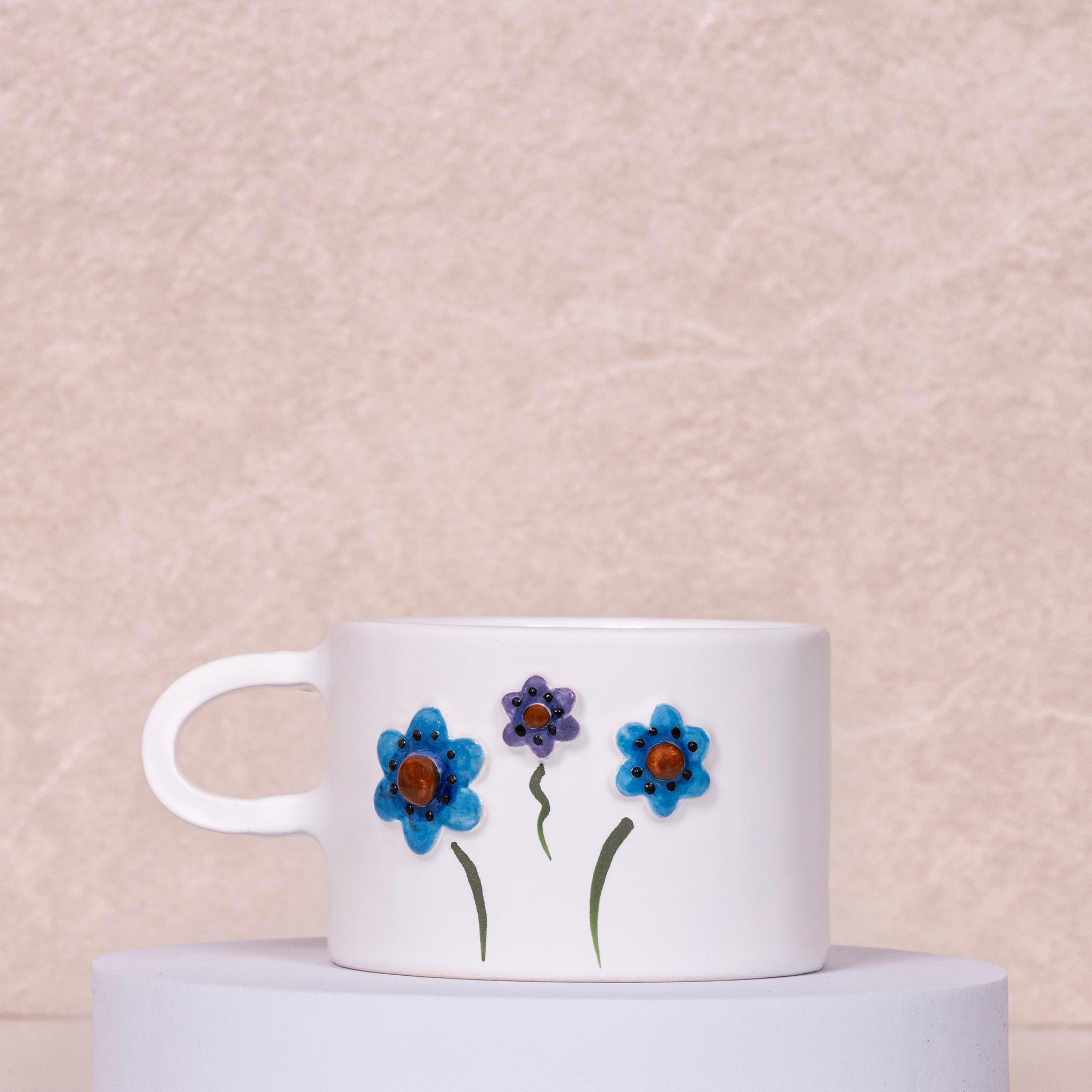 Mavi Çiçek Kupa Mug - Seramik - El Yapımı