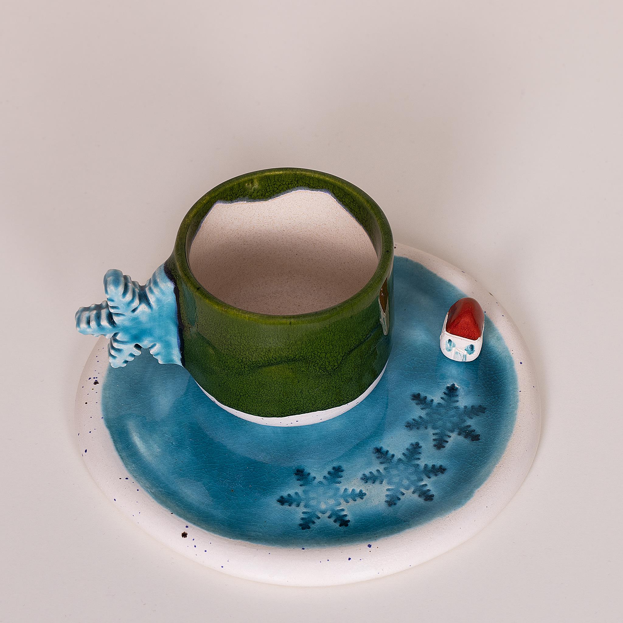 Kar Tanesi Kulplu Yeşil Duble Fincan Duble Fincan - Seramik - El Yapımı
