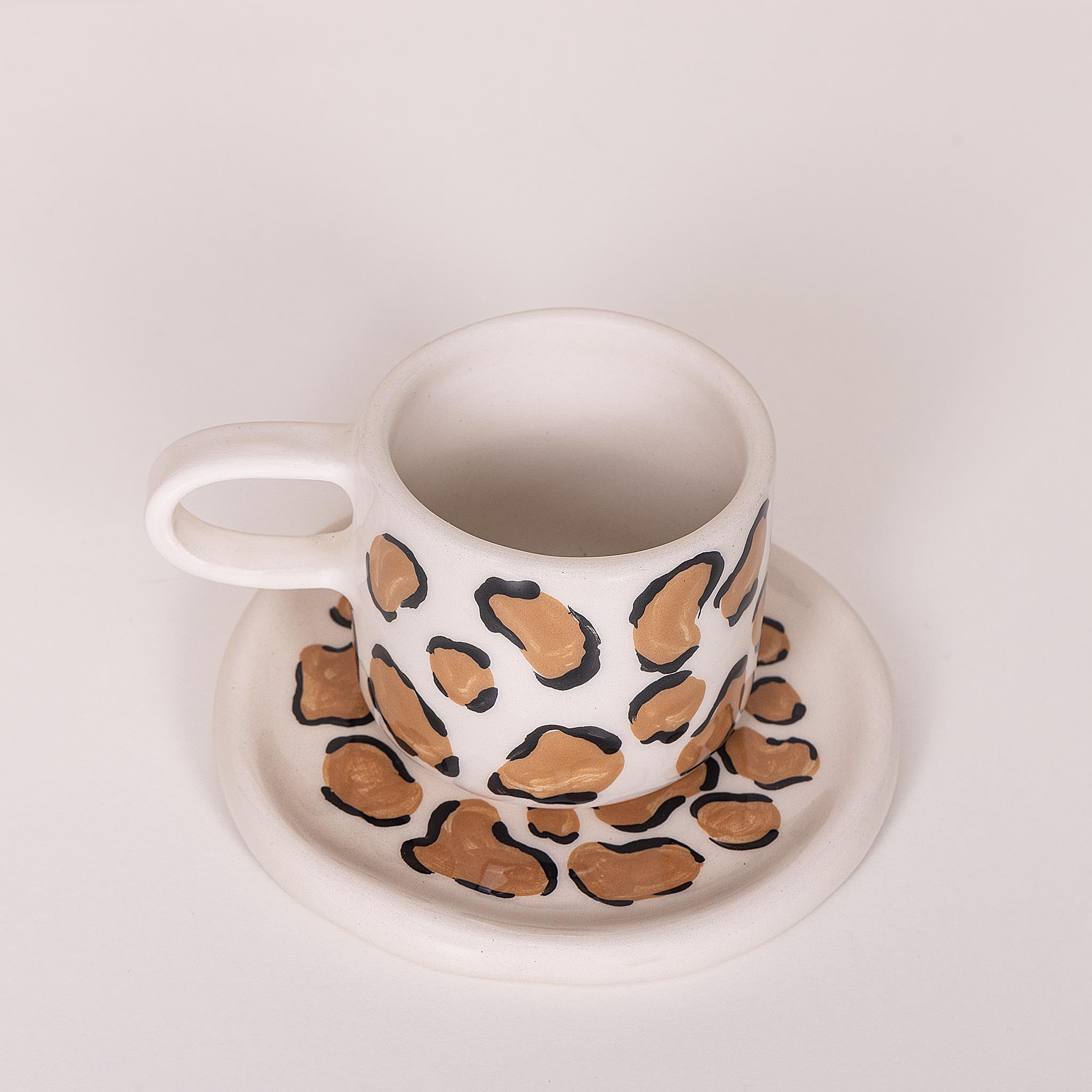 Leopar Duble Fincan - Seramik - El Yapımı