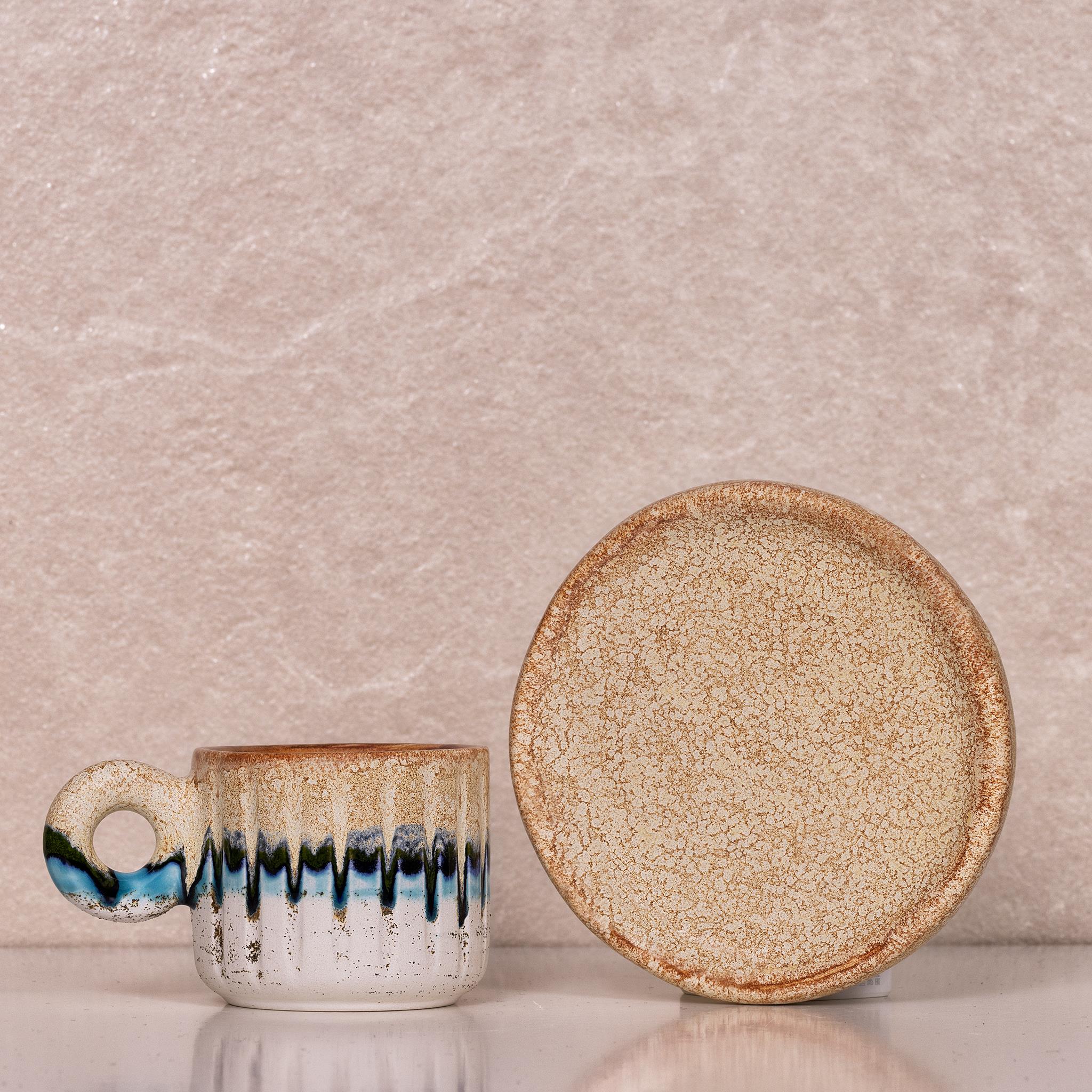 Naturel Yeşil Duble Fincan - Seramik - El Yapımı
