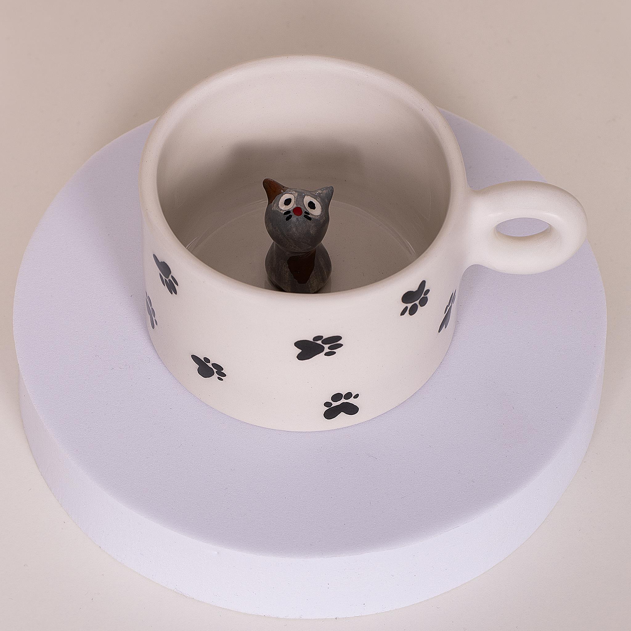 Pati Desenli Kedi Figürlü Kupa Mug - Seramik - El Yapımı
