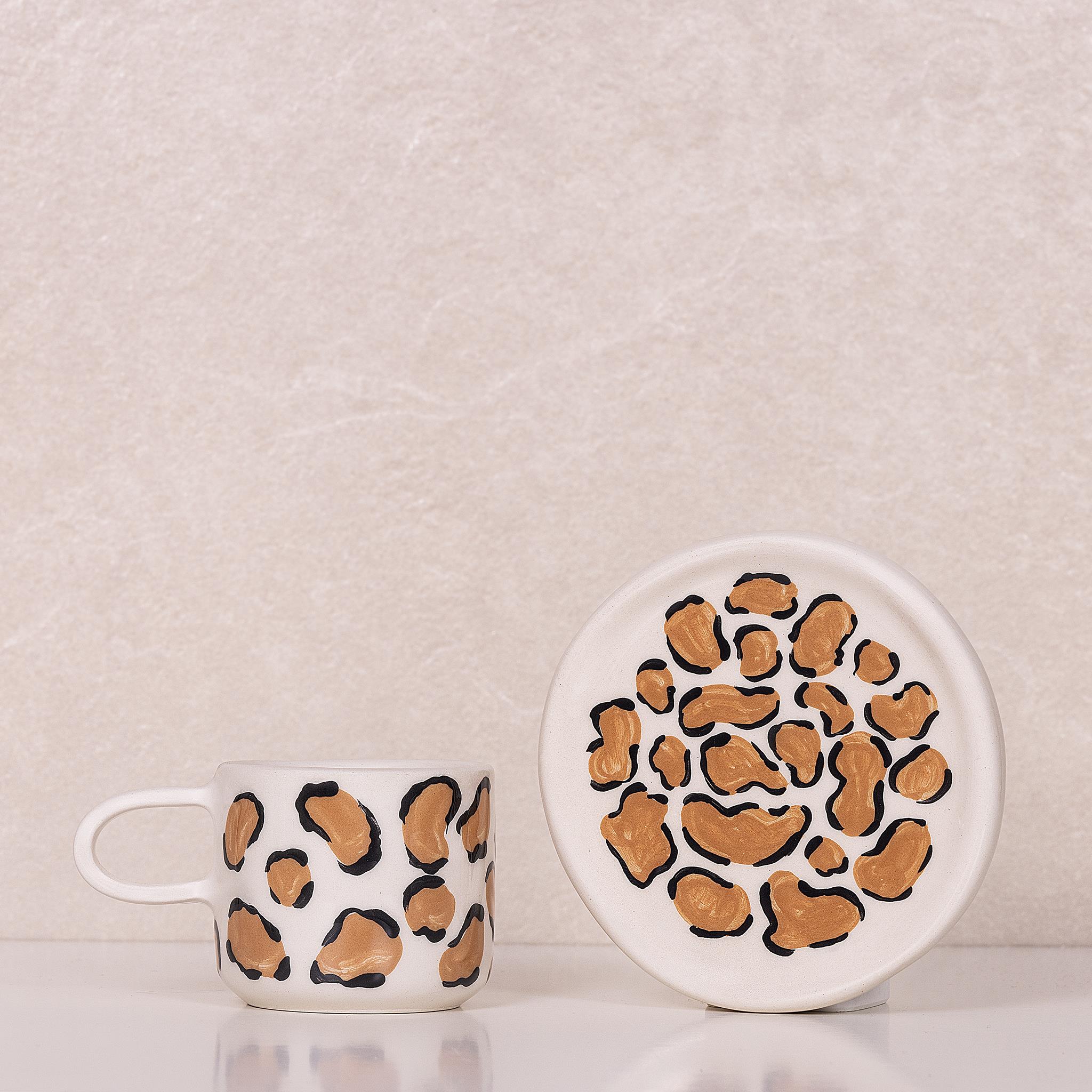 Leopar Duble Fincan - Seramik - El Yapımı