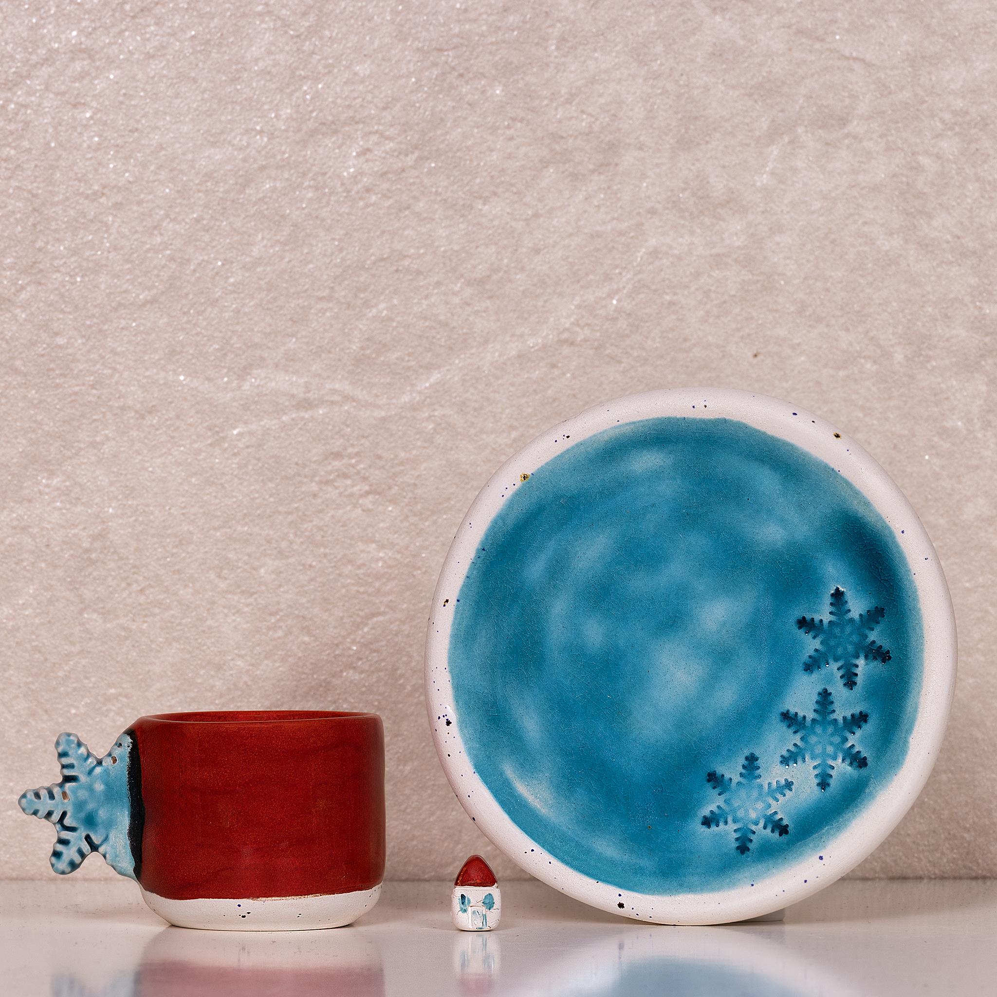 Kar Tanesi Kulplu Kırmızı Duble Fincan - Seramik - El Yapımı