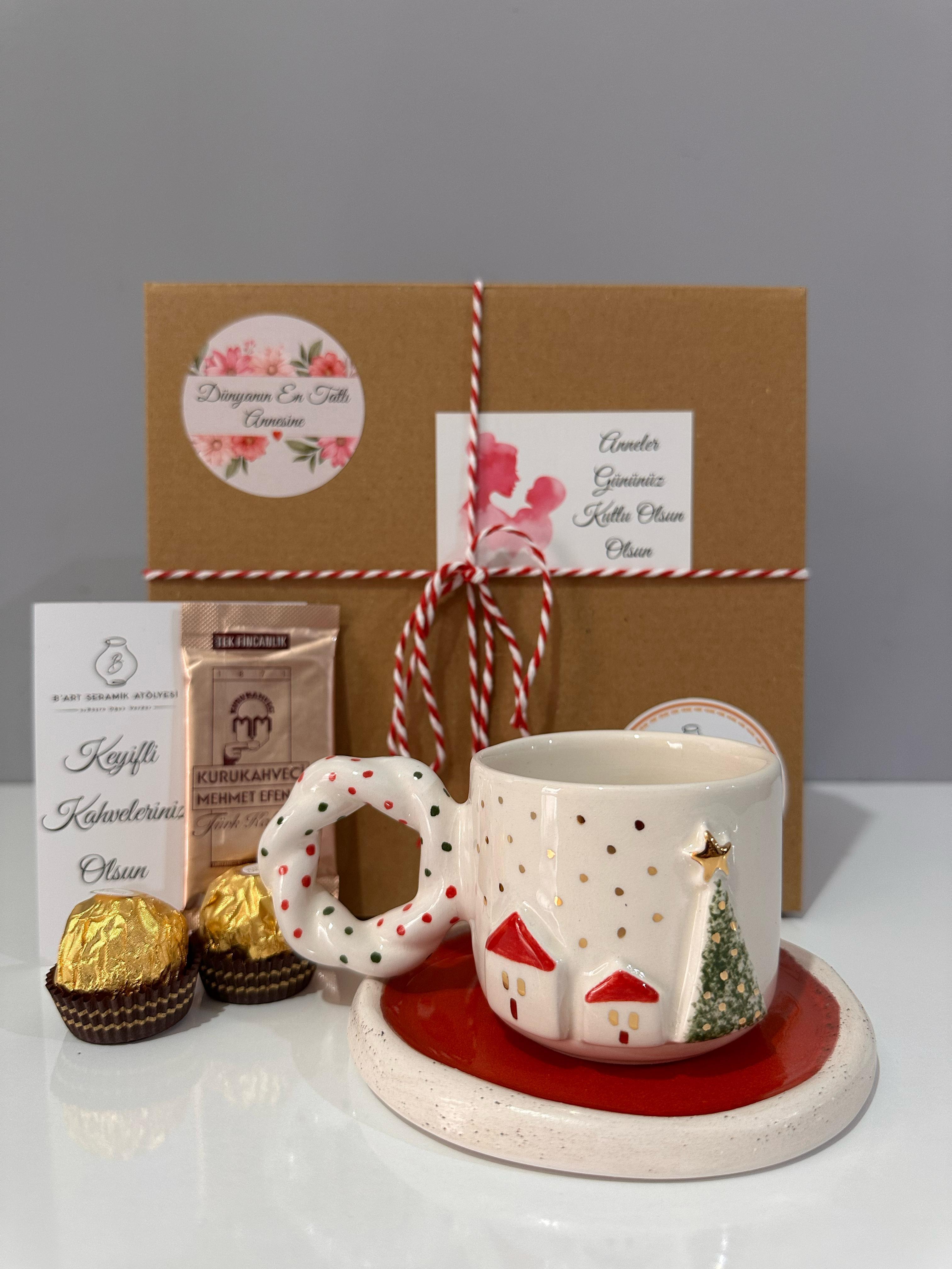 Yeni Yıl Ev Duble Fincan - Seramik - El Yapımı - Anneler Günü Özel Kutulu