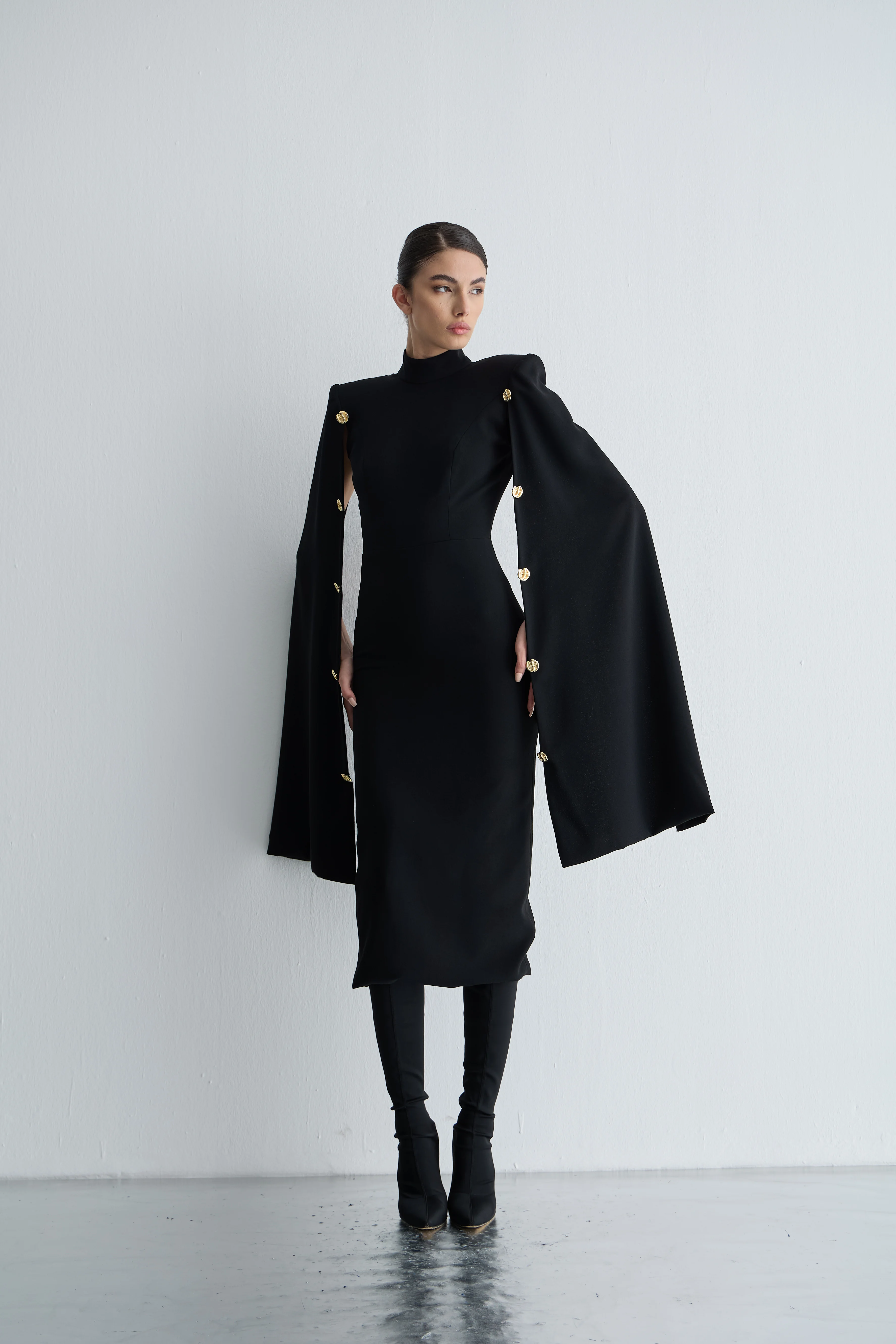 Pelerin Kollu Midi Boy Kalem Elbise