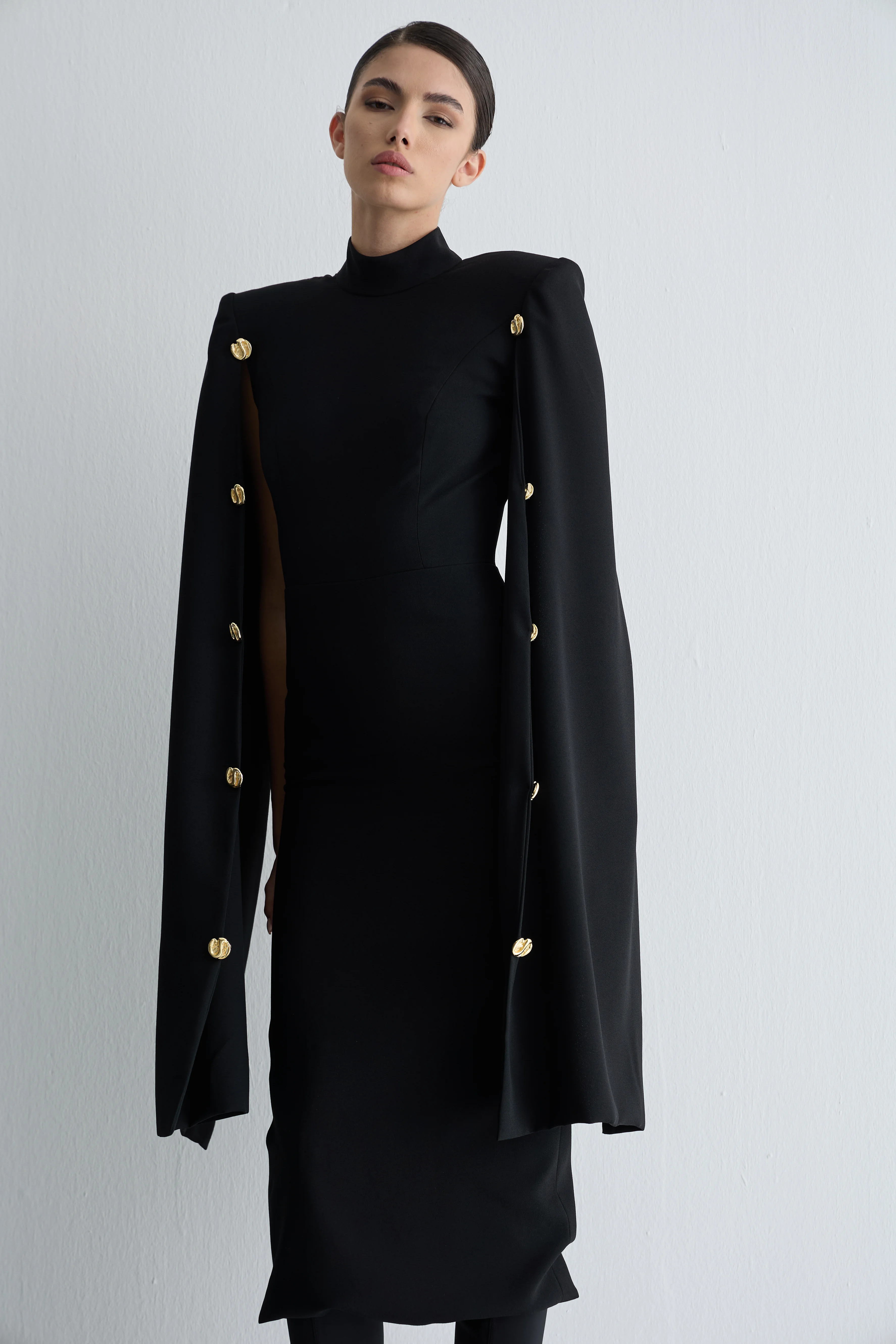 Pelerin Kollu Midi Boy Kalem Elbise