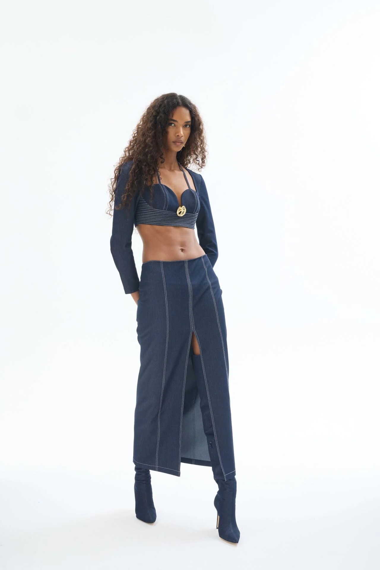 Denim Spor Dikişli Ön Orta Yırtmaçlı Etek