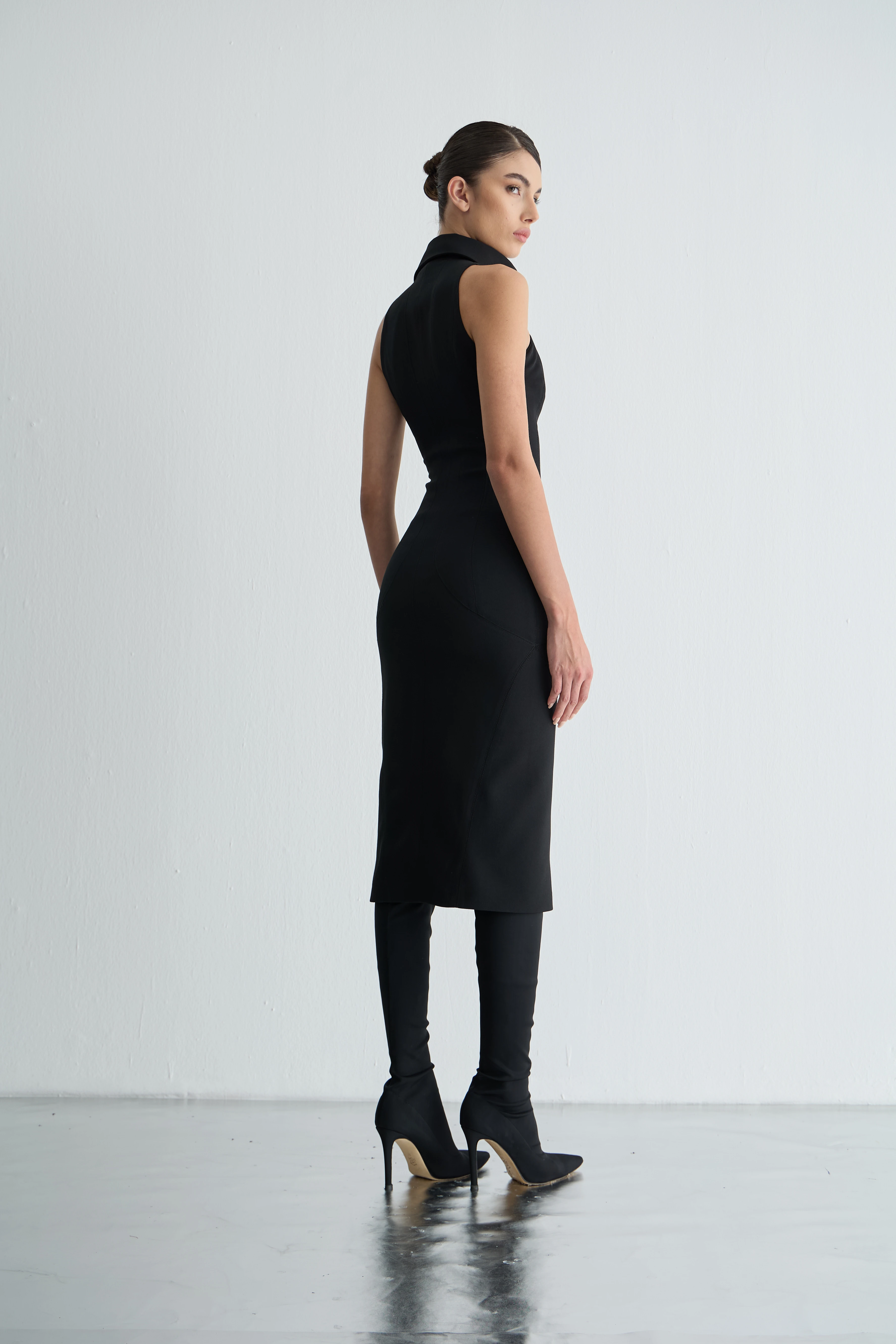 Girik Kol Fermuarlı Midi Elbise