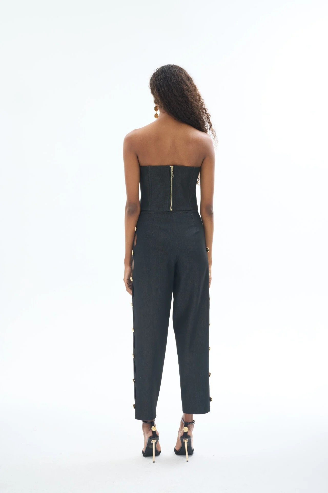 Siyah Denim Düğmeli Pantolon