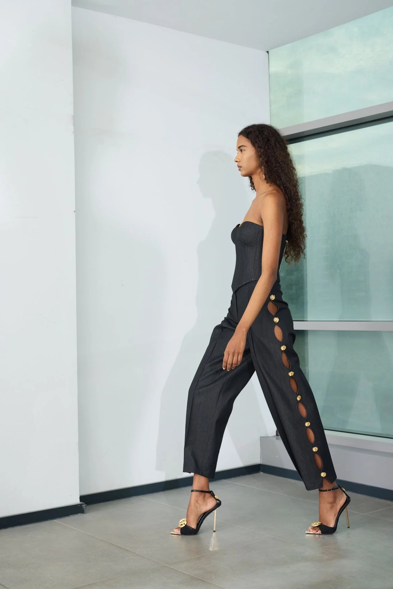 Siyah Denim Düğmeli Pantolon