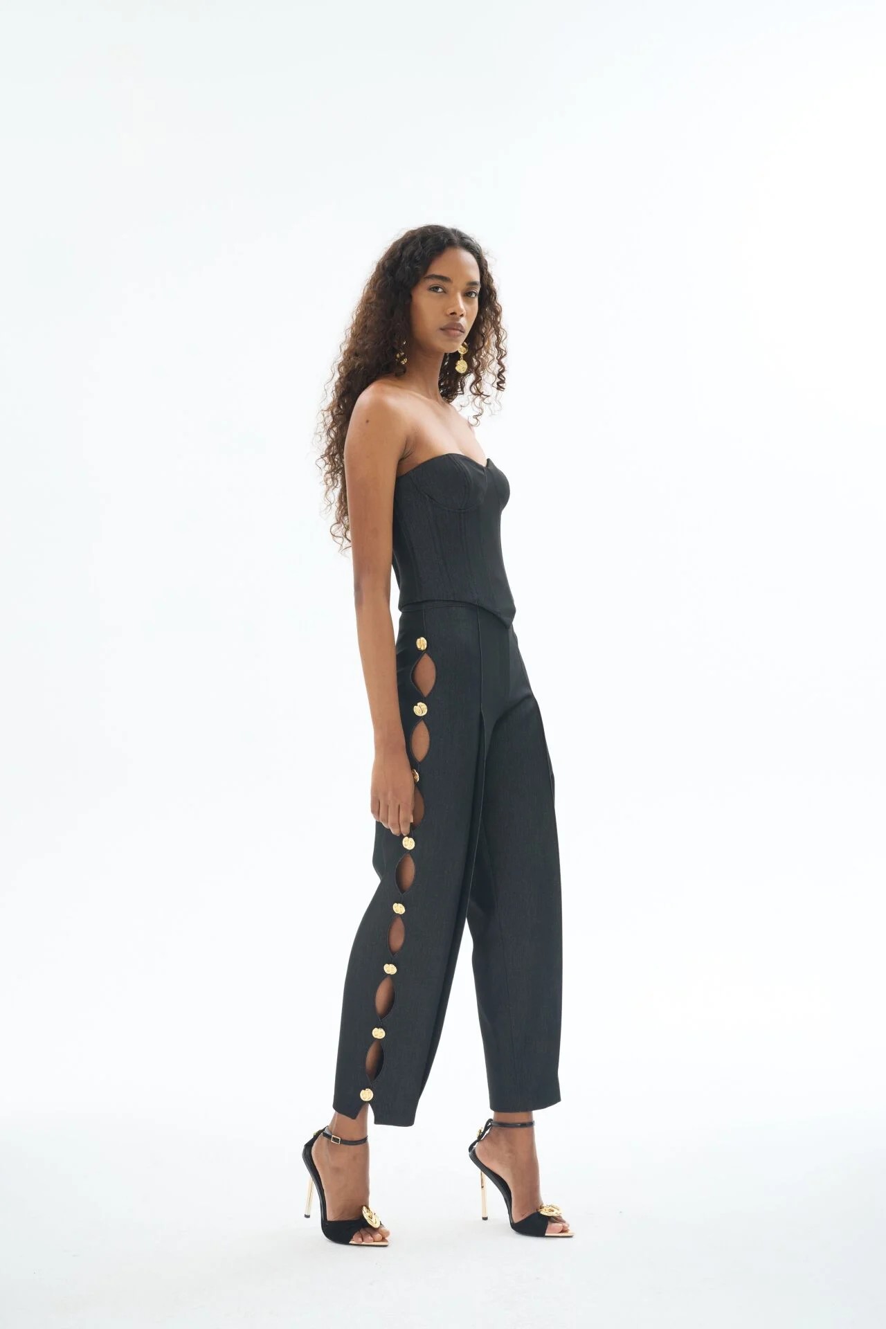 Siyah Denim Düğmeli Pantolon
