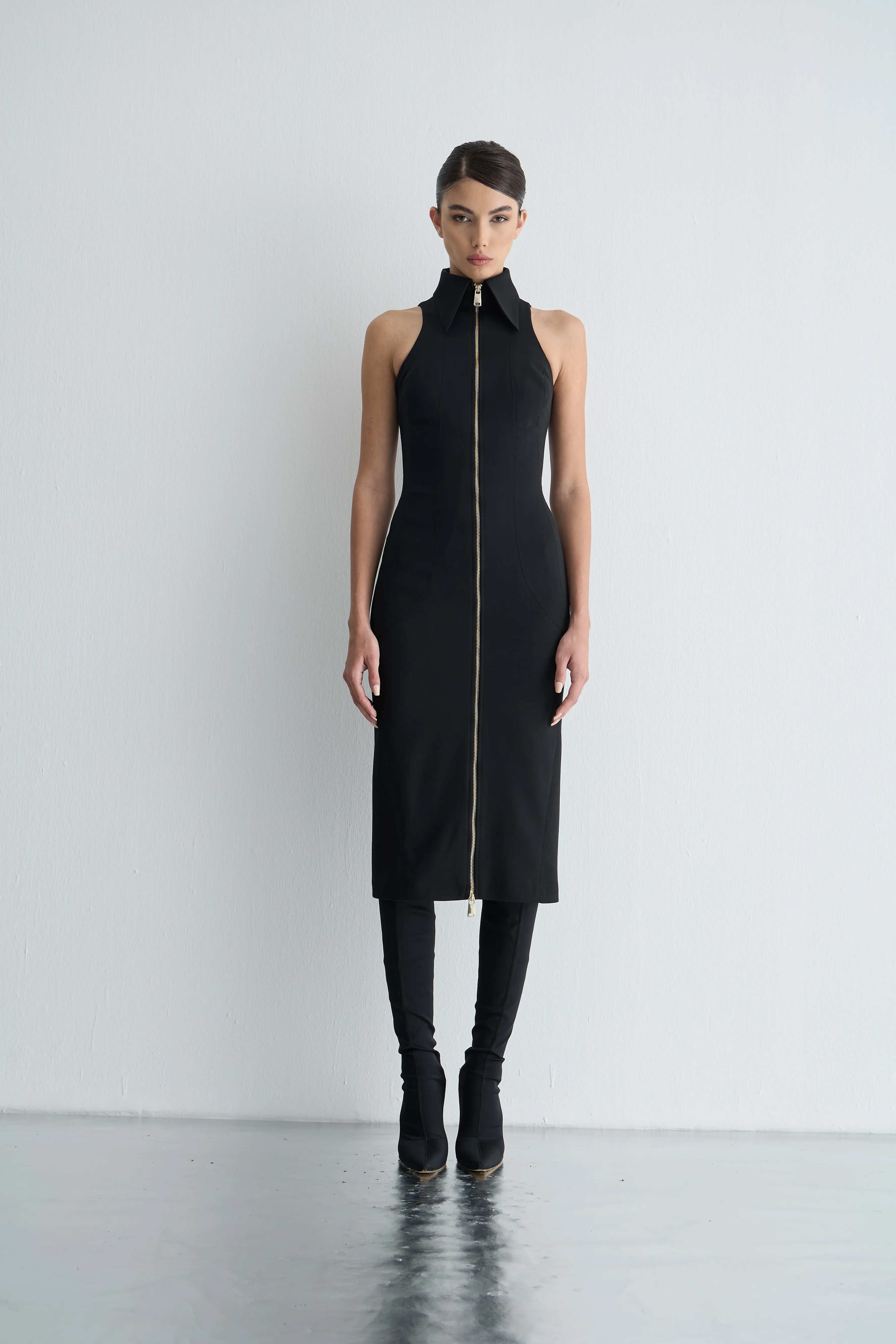 Girik Kol Fermuarlı Midi Elbise