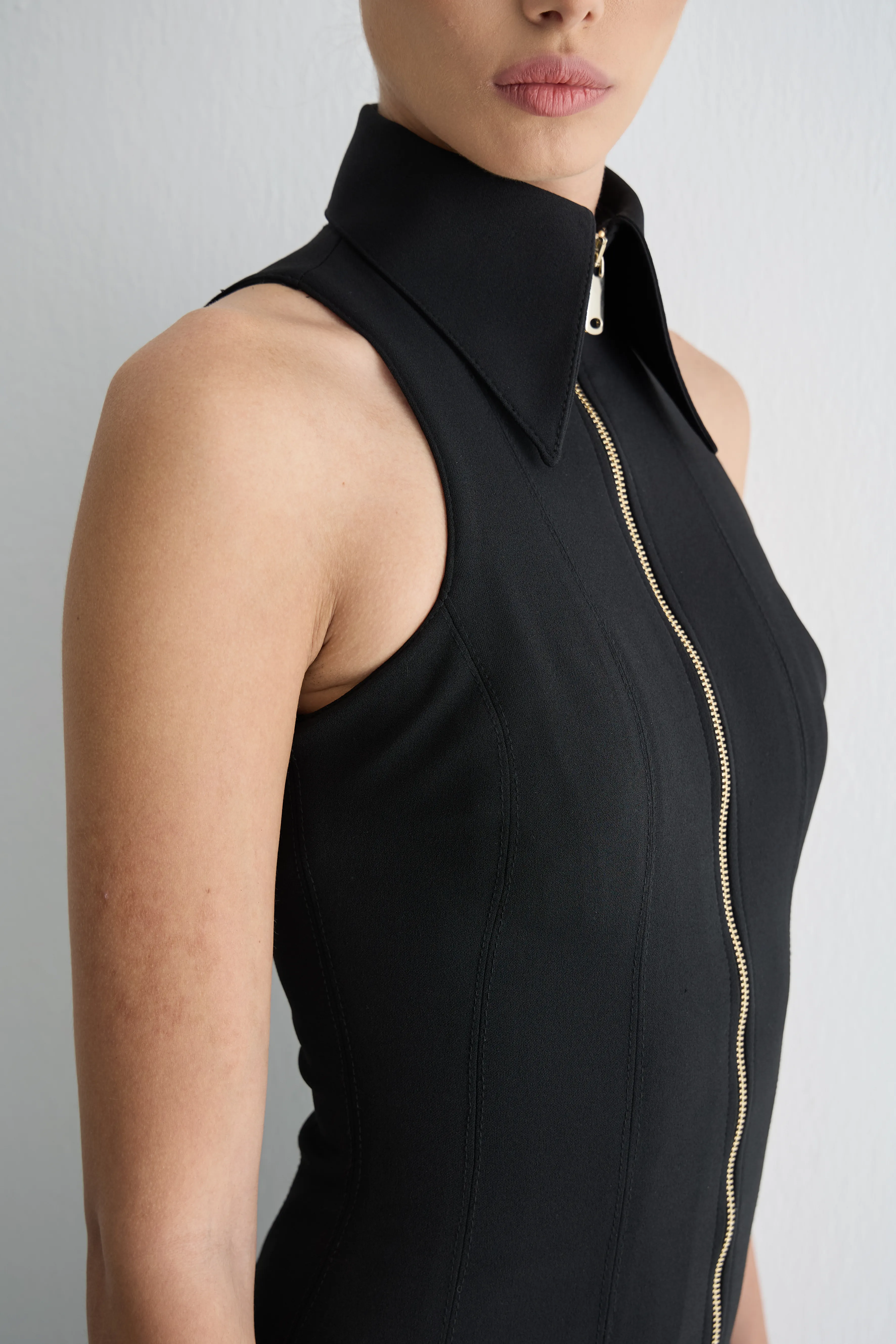 Girik Kol Fermuarlı Midi Elbise