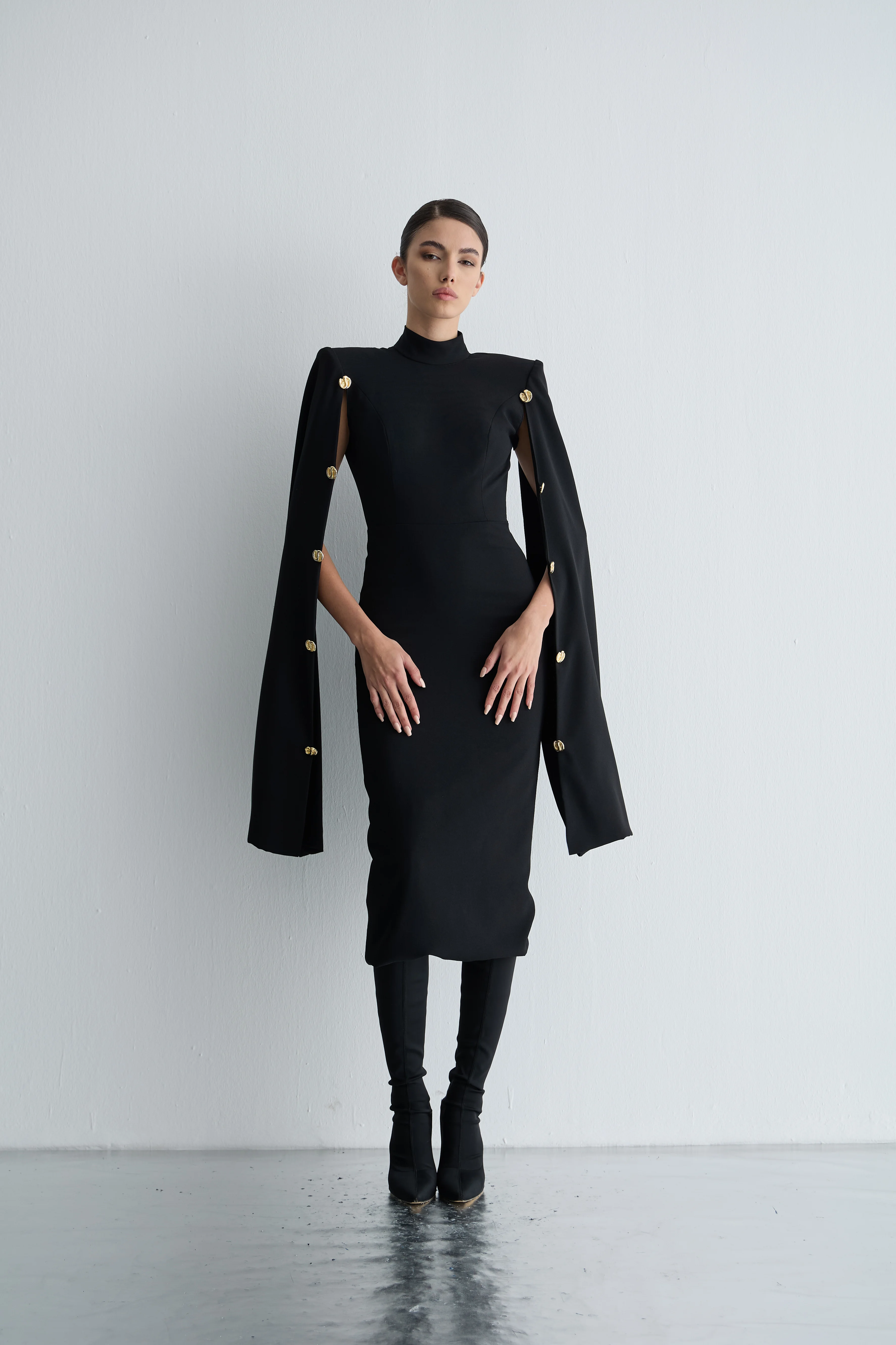 Pelerin Kollu Midi Boy Kalem Elbise