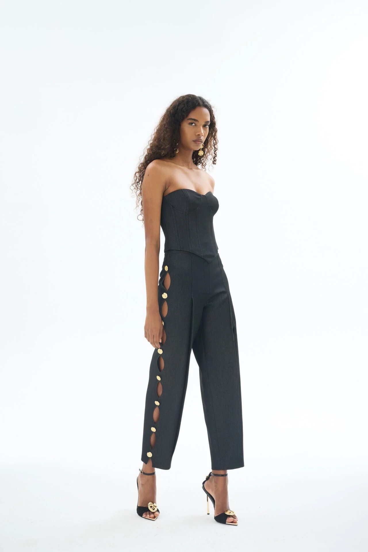 Siyah Denim Düğmeli Pantolon