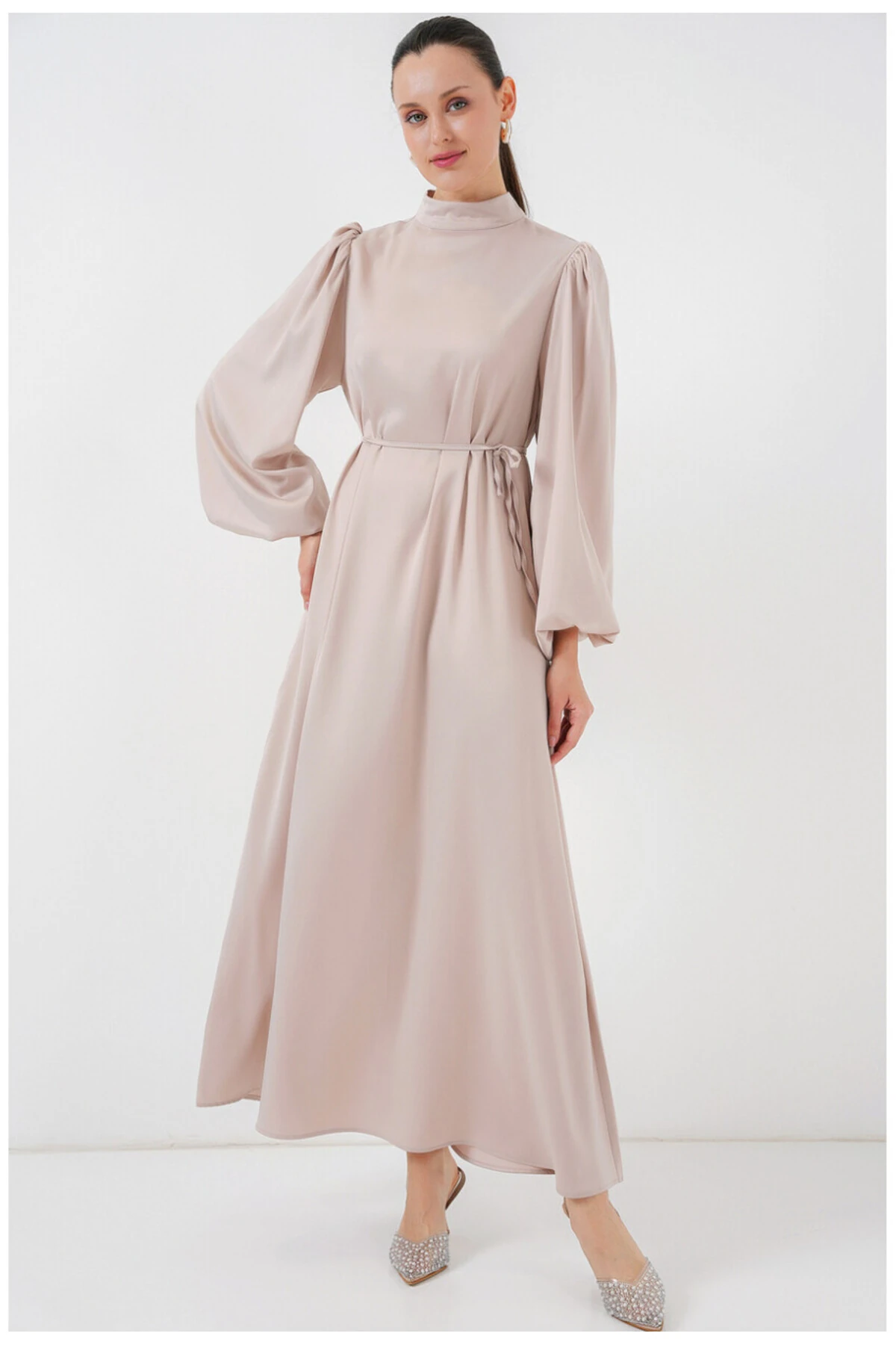 Balon Kol İp Kemerli Saten Abiye