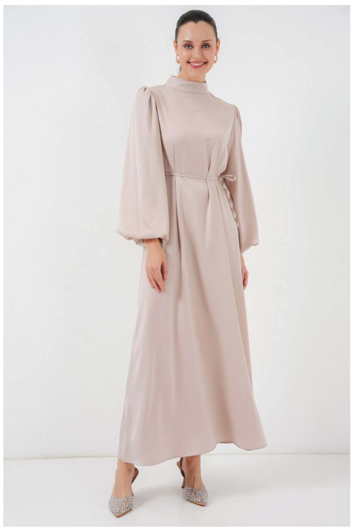 Balon Kol İp Kemerli Saten Abiye