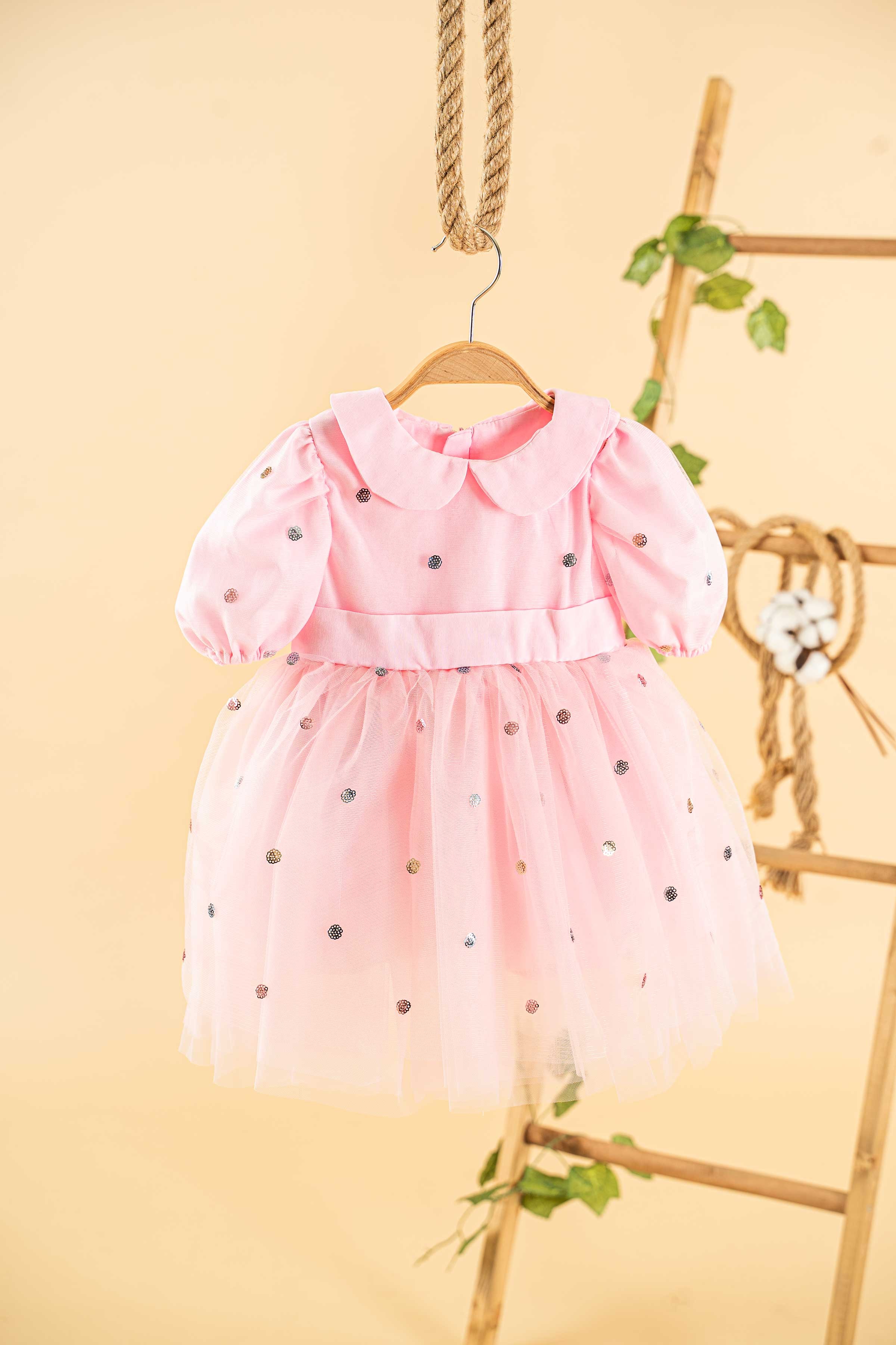 Pullu Puantiyeli Elbise - Pembe