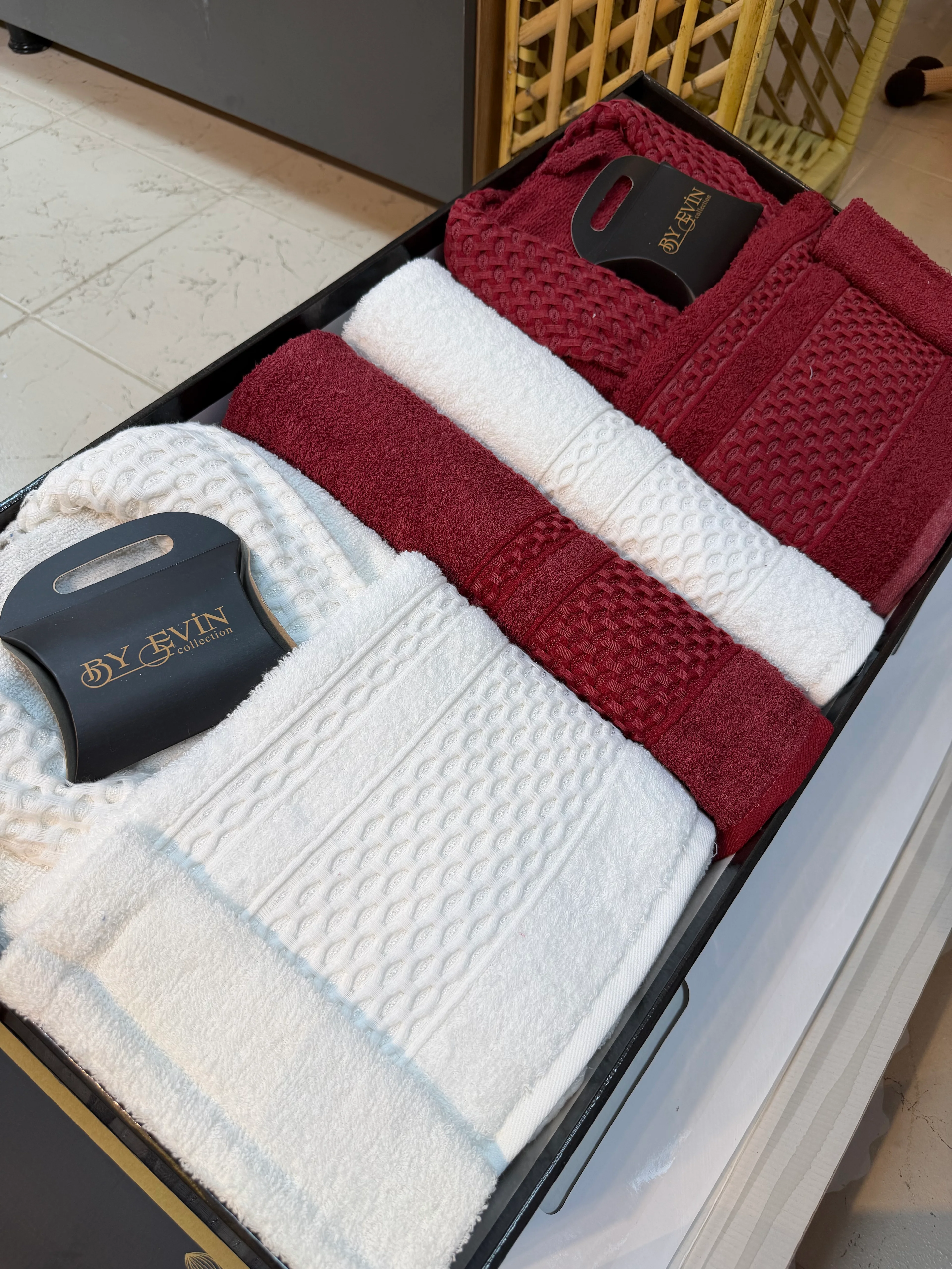 BORNOZ SETİ 10 PARÇA AİLE SETİ / BORDO KREM 