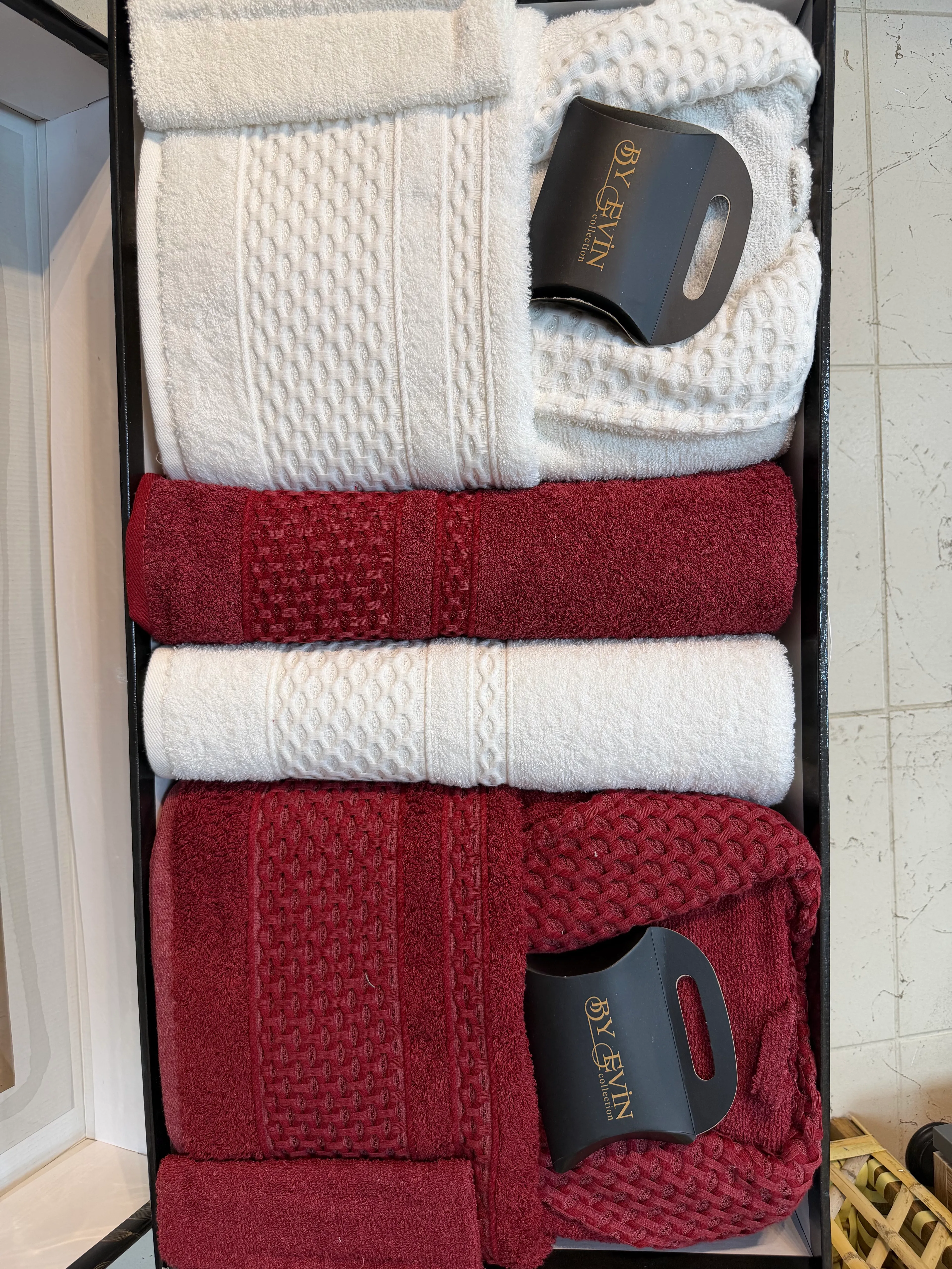 BORNOZ SETİ 10 PARÇA AİLE SETİ / BORDO KREM 